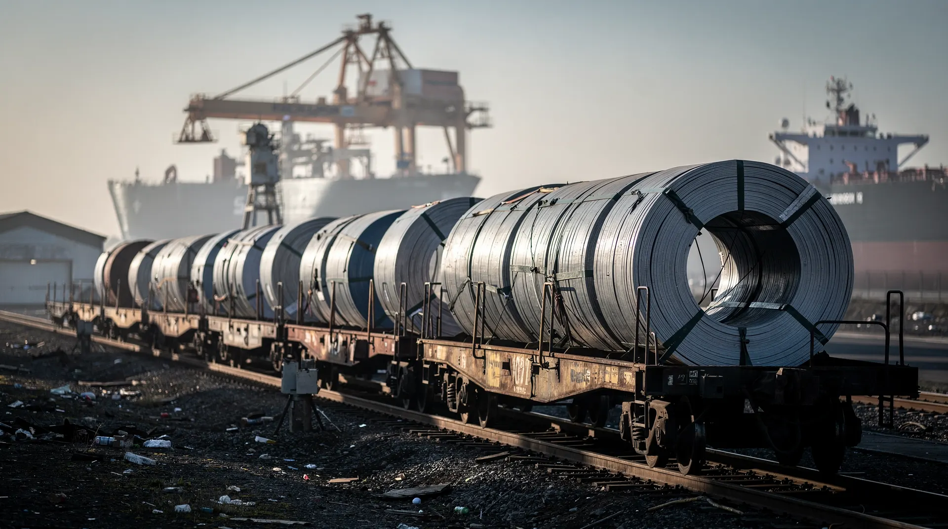 Steel coils sit on freight railcars in a port yard, with an oil tanker faintly visible beyond the cranes.