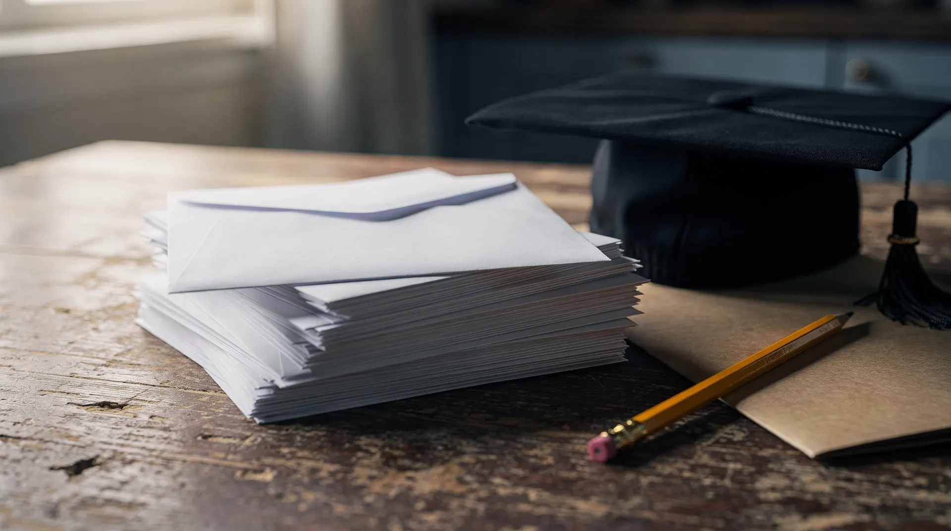 Blank envelopes, a folder and a graduation cap rest on a kitchen table in soft window light.