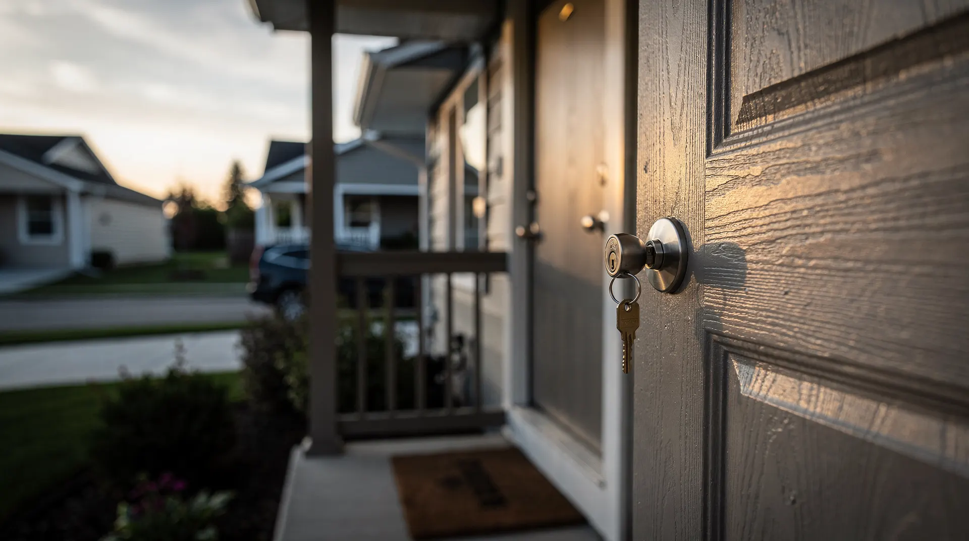 A keyring rests in a suburban front-door lock, with neighboring homes blurred in the background.