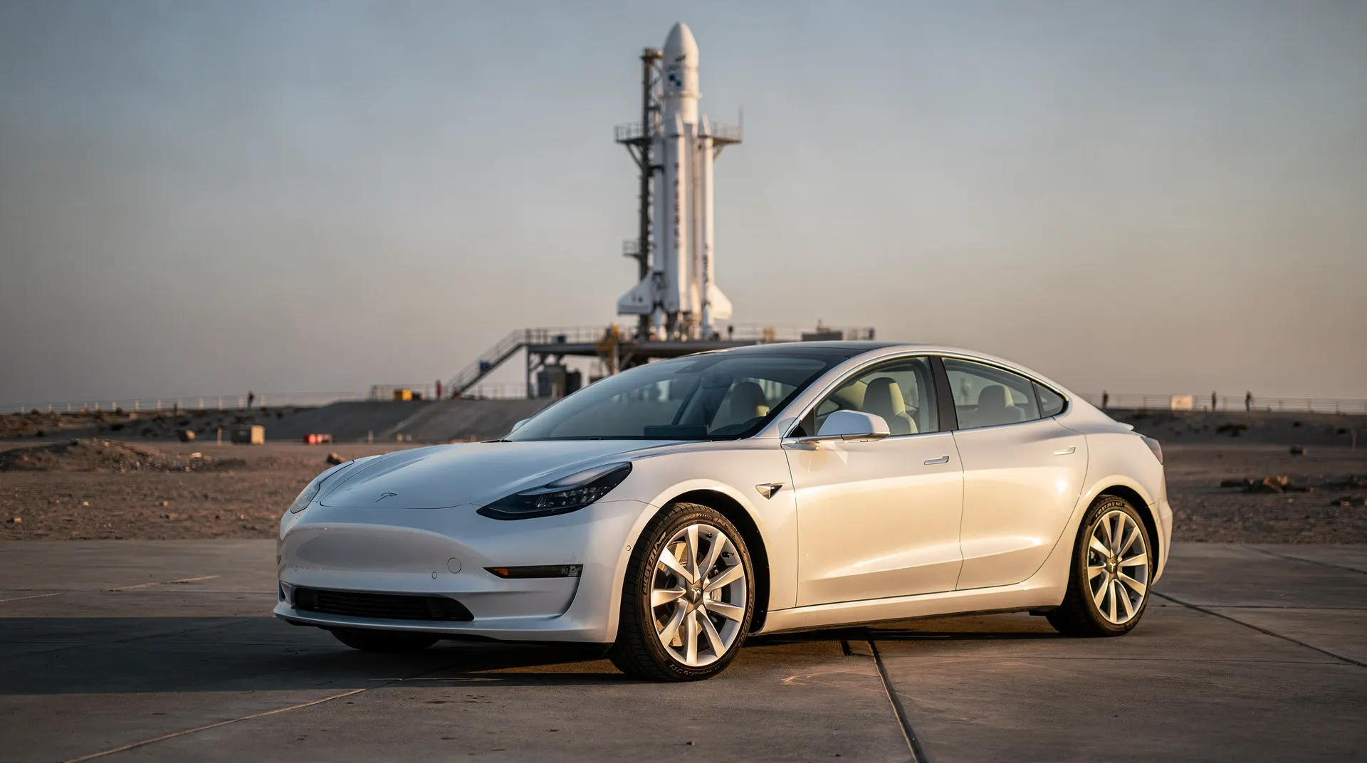 A badge-free electric car sits in the foreground with a distant rocket on a launch pad.