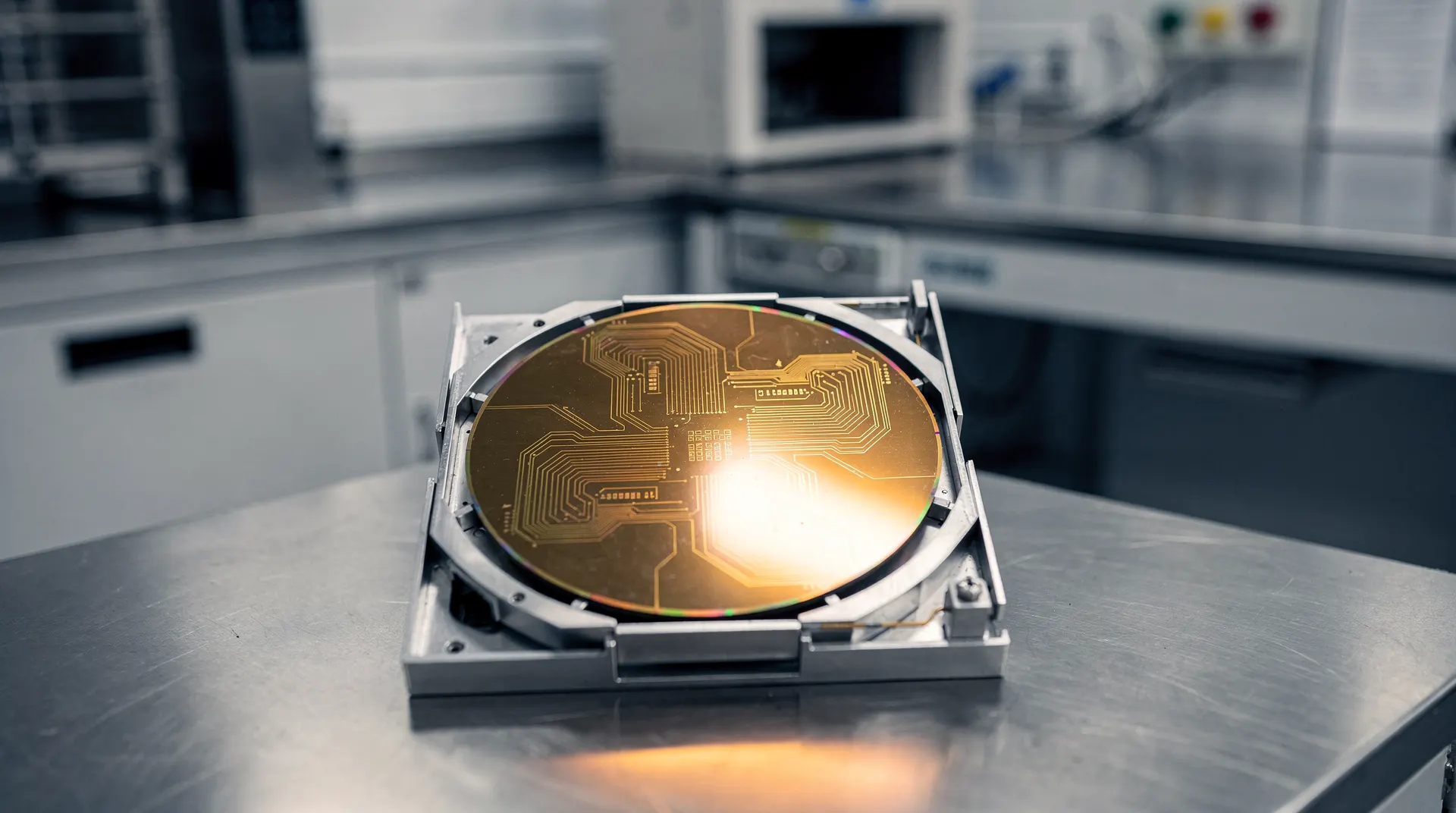 A silicon wafer rests in a carrier, with semiconductor fabrication equipment blurred behind it.