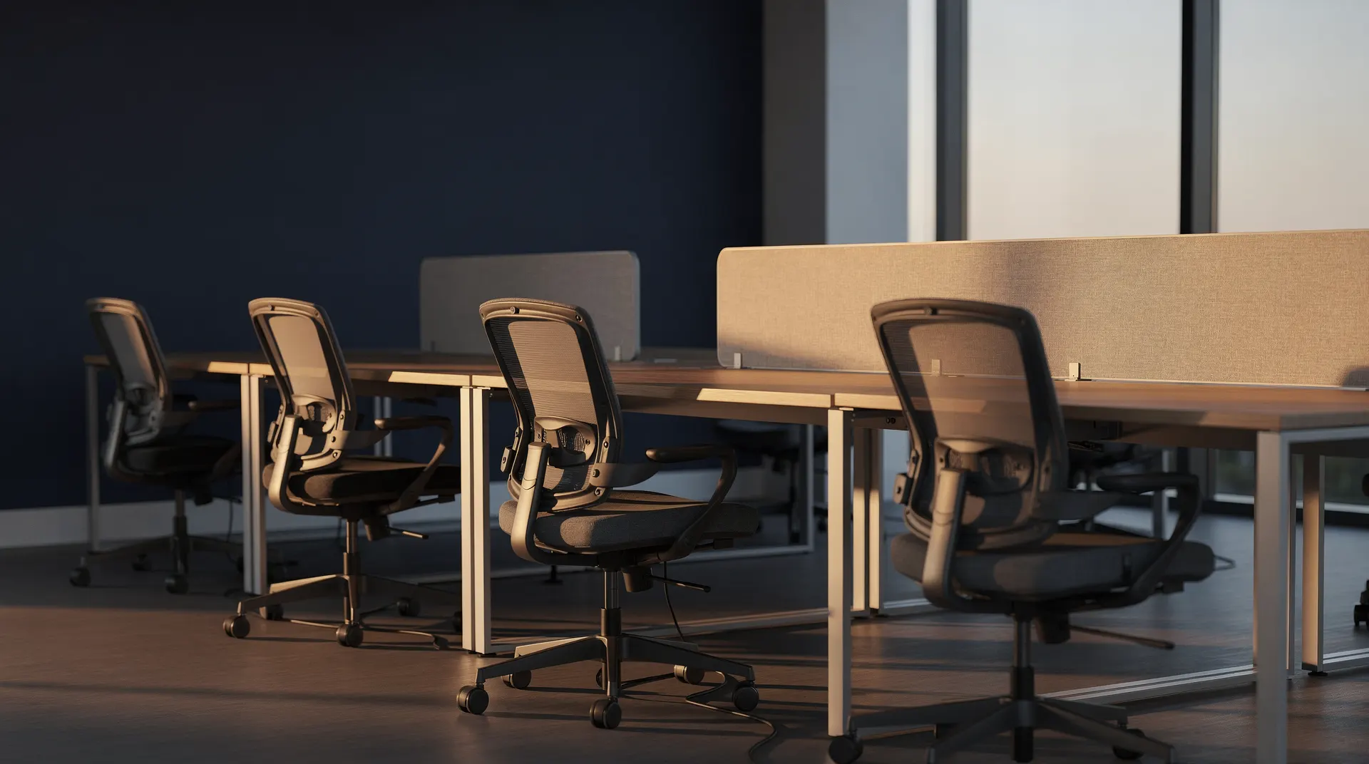Unoccupied office desks and pushed-in chairs sit in soft dawn light.
