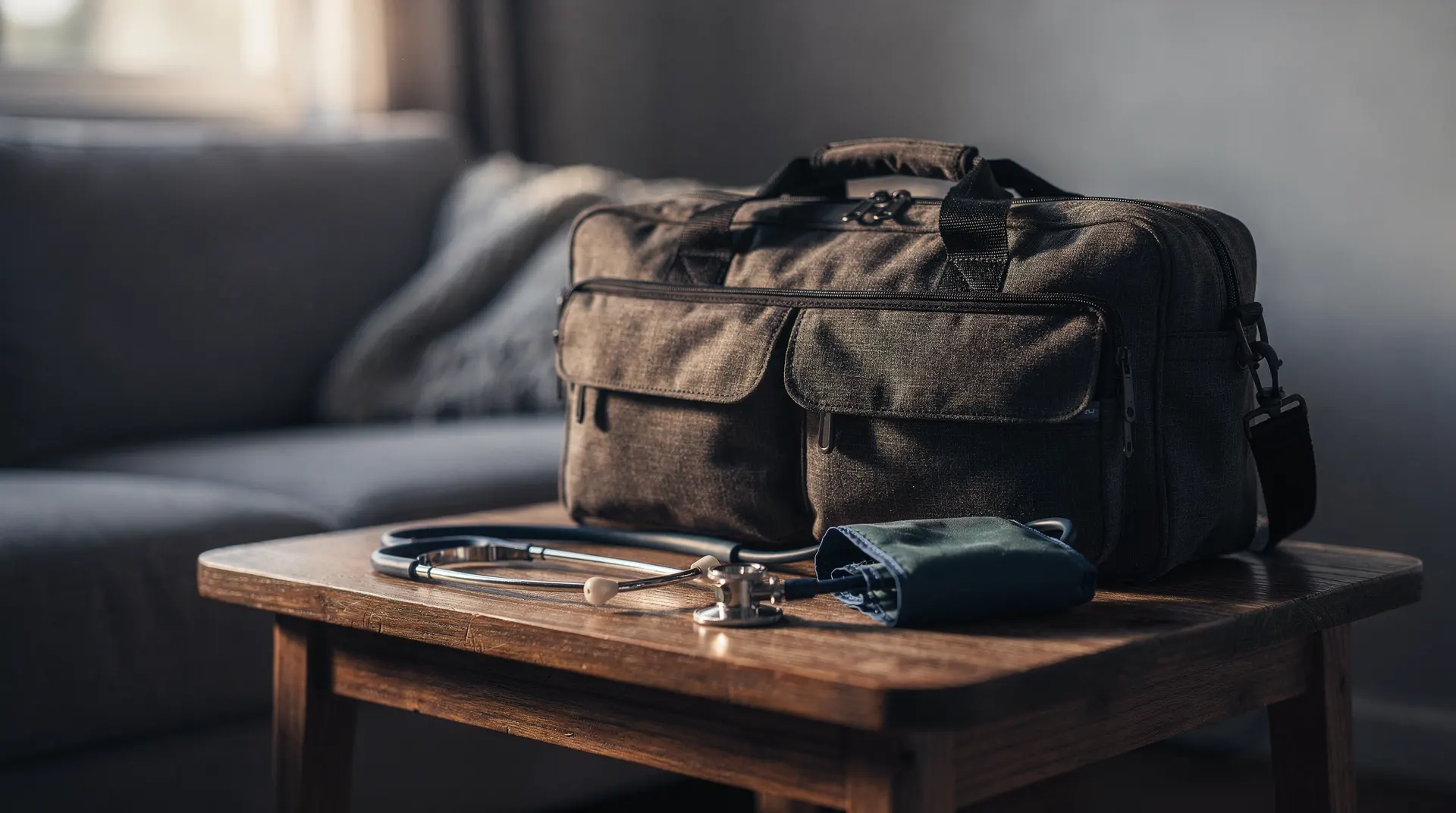 A home health care bag, stethoscope and blood-pressure cuff rest on a living-room table.