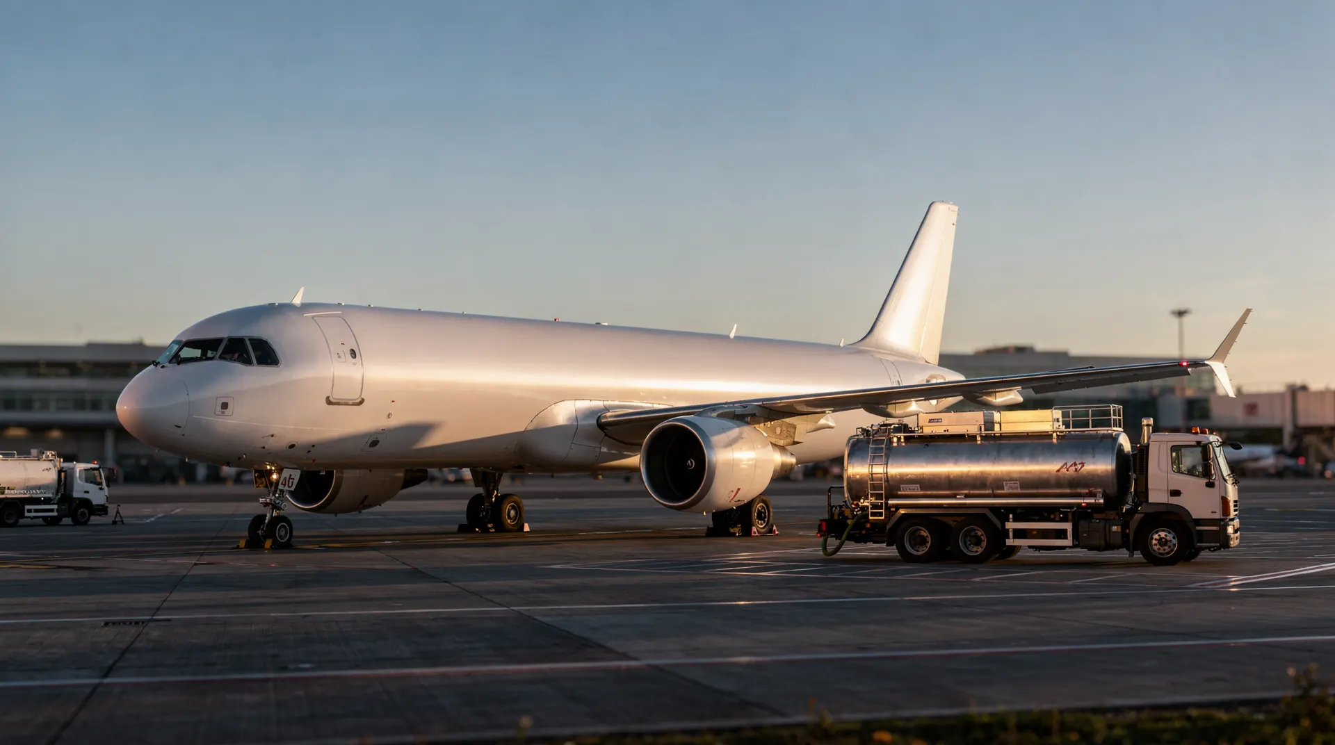 An unmarked passenger jet sits at an airport gate with a fuel truck beneath its wing.