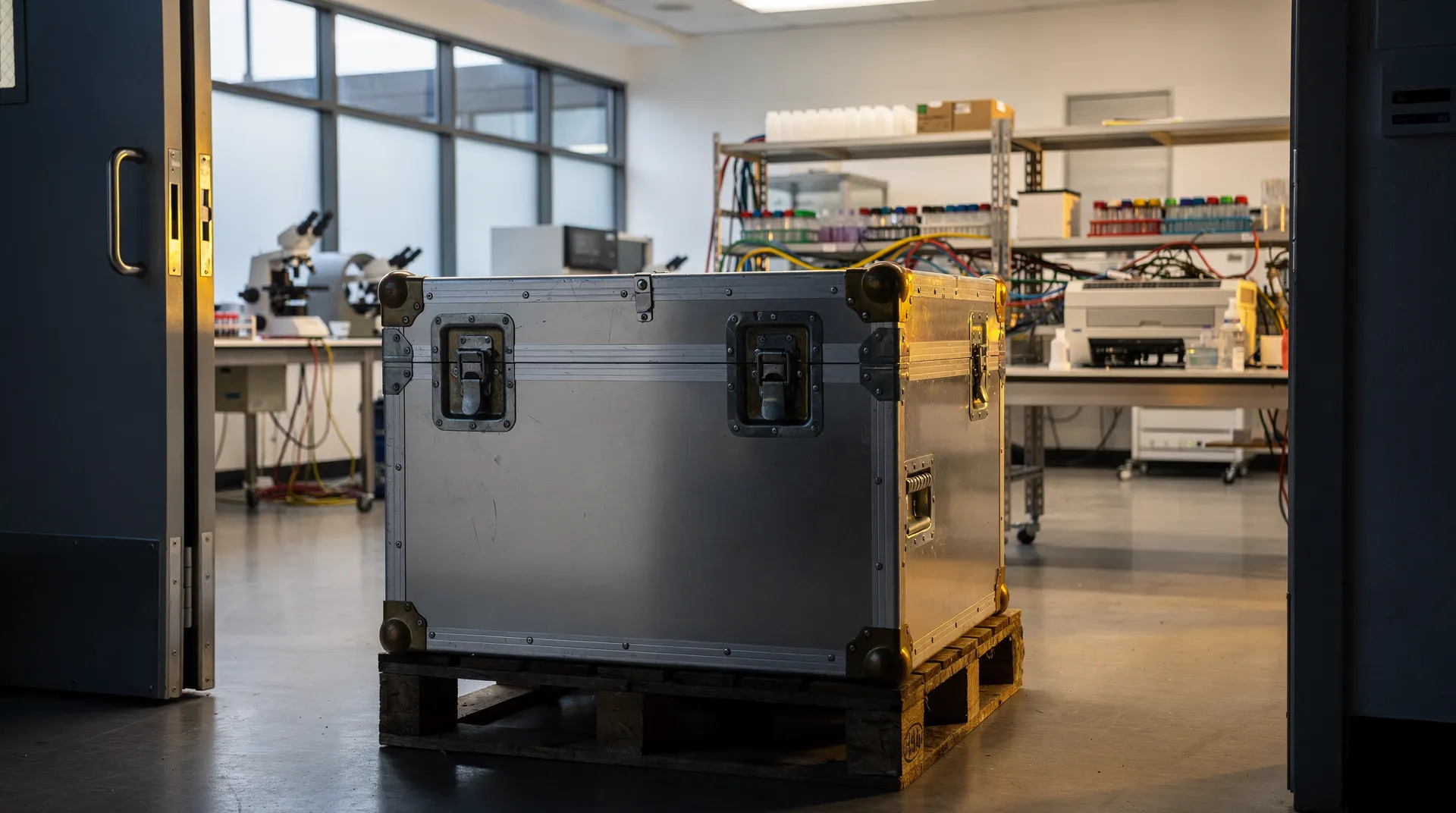 A gene-sequencing instrument rests in an open freight crate at a laboratory loading bay.