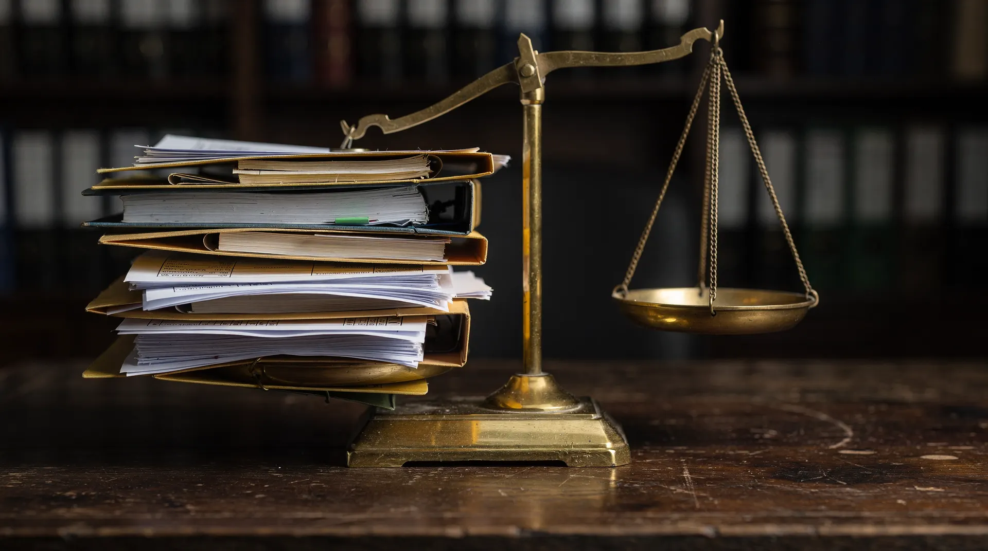 Brass balance scale with one pan weighed down by documents