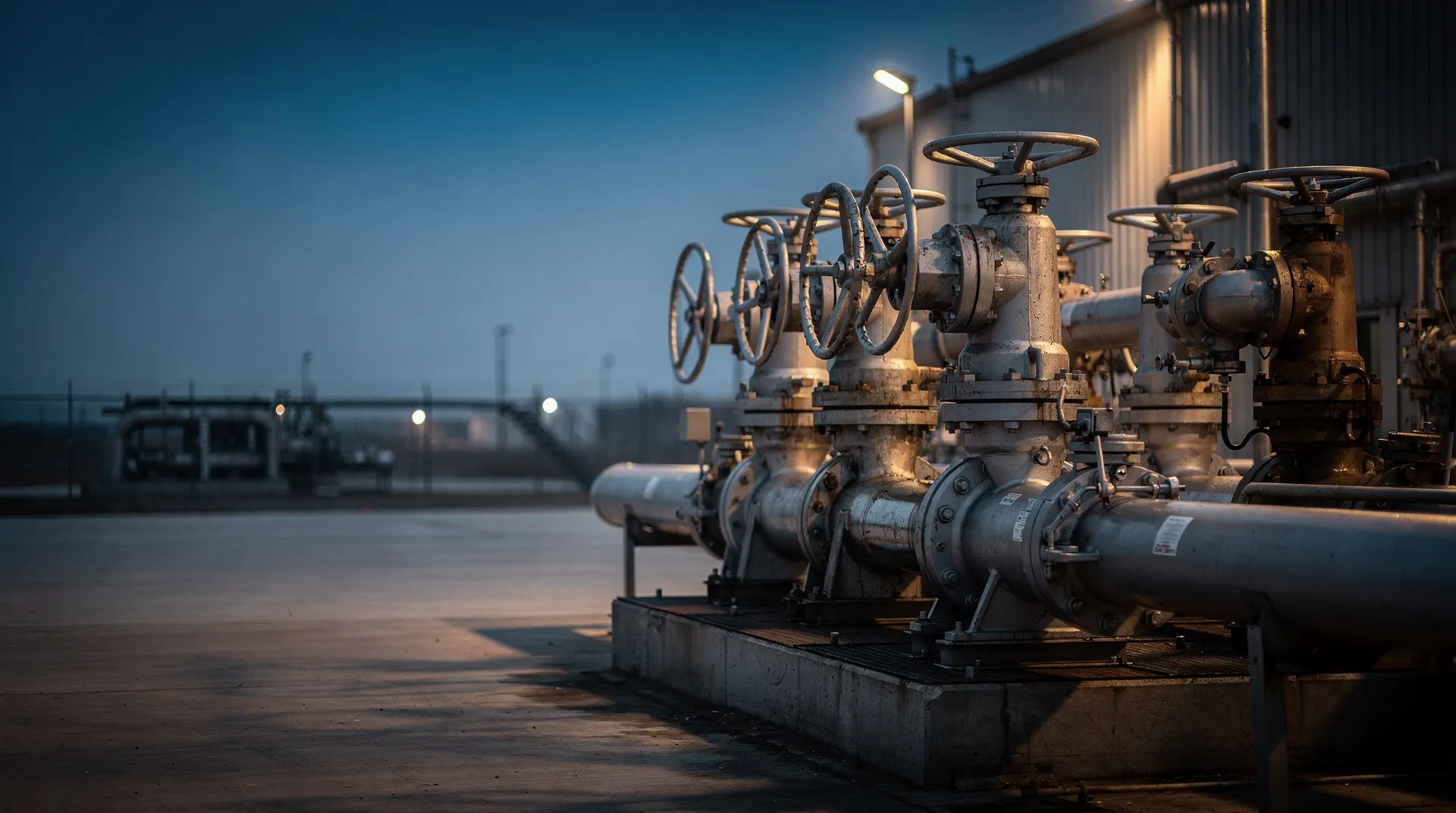 Unmarked steel pipeline valves and pipes recede into a hazy industrial setting at dusk.