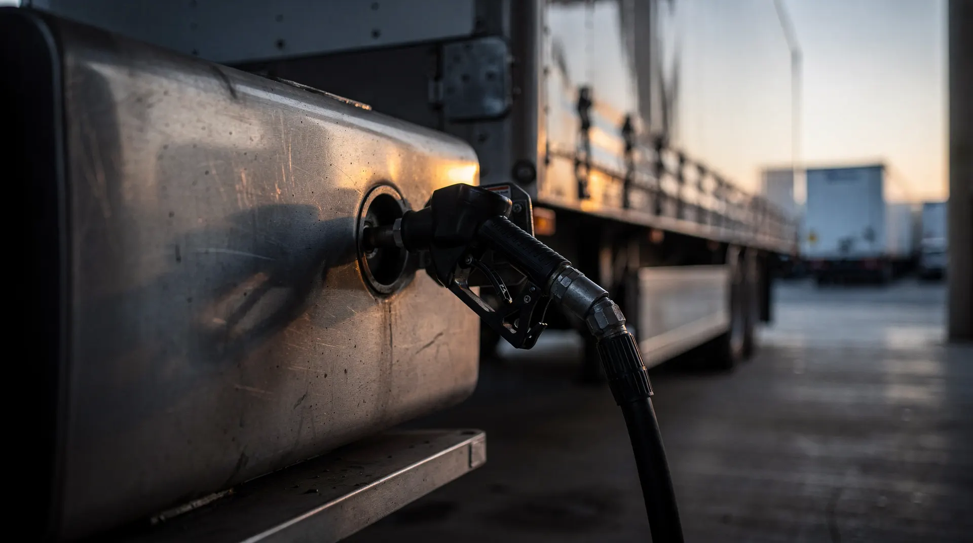 A diesel nozzle rests in a semi-truck’s fuel tank, with a freight trailer blurred behind it.