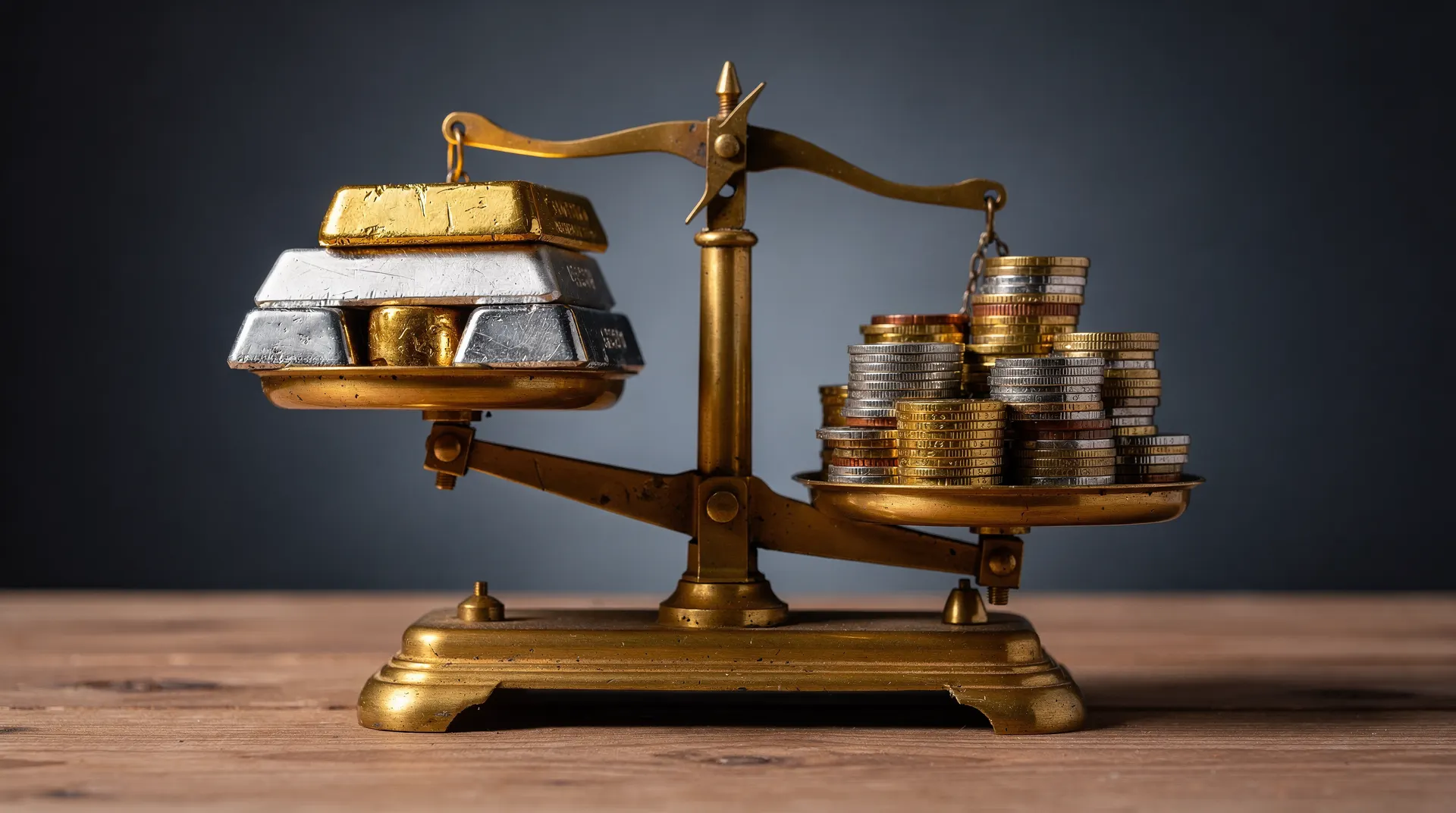 Gold and silver bars sit on the raised pan of a brass scale, opposite stacks of unmarked coins.