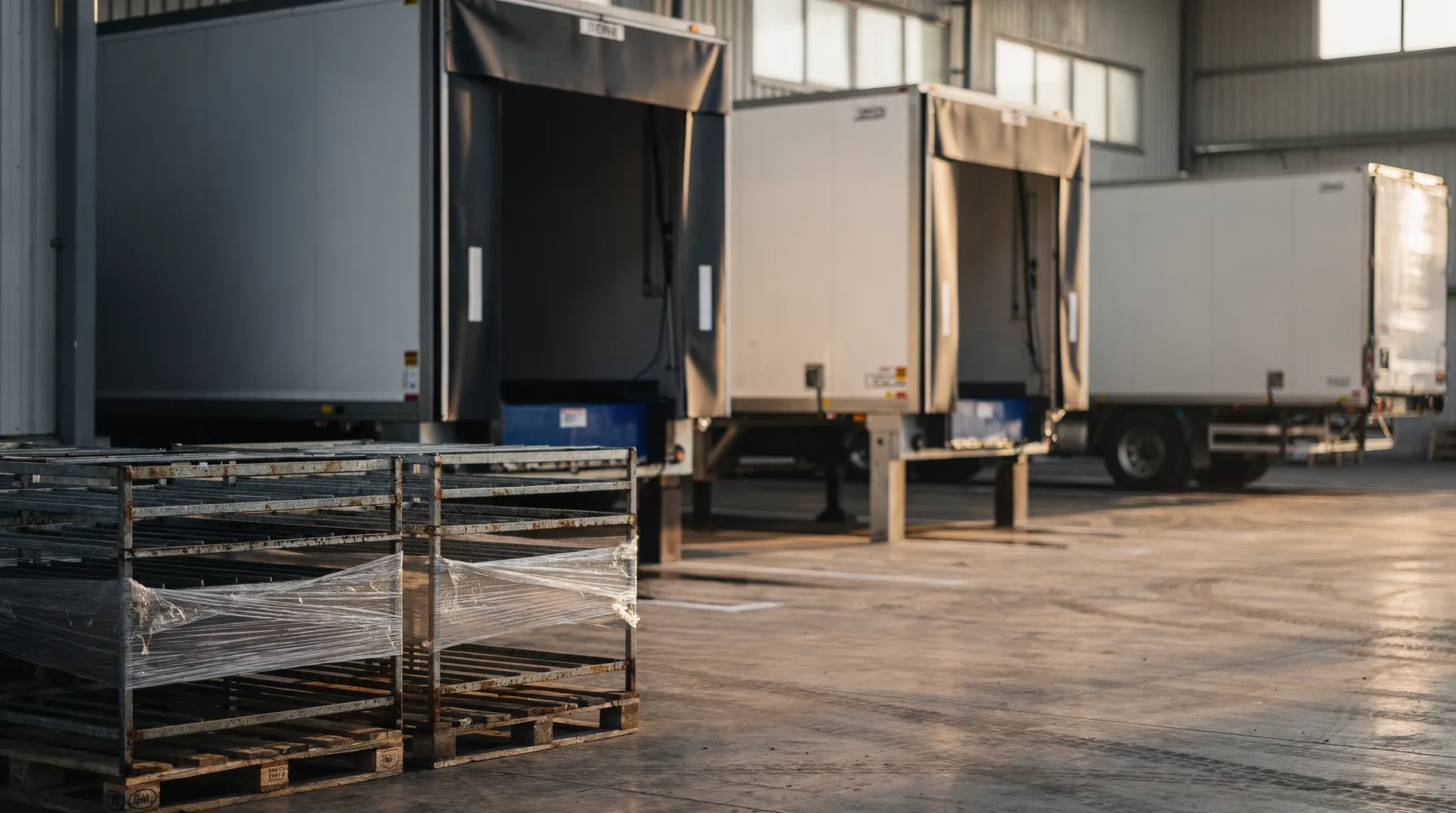 Raw-material pallets and empty component racks at a factory dock, with freight trailers waiting outside.