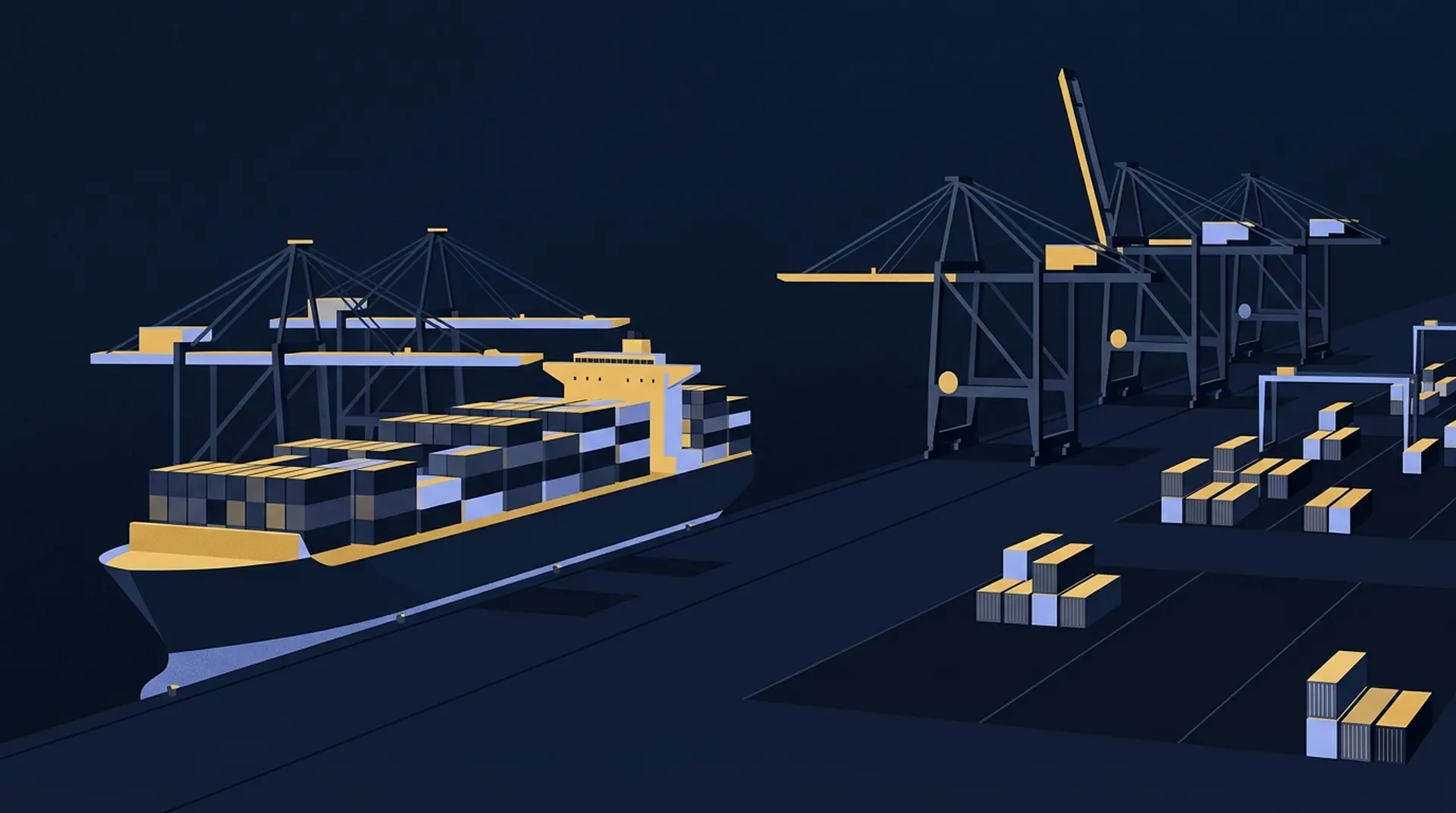 Container ship at a dock beneath towering cranes, one crane idle over an empty berth at dusk