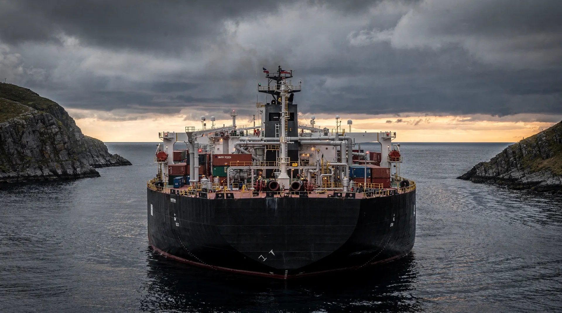 An oil tanker crosses a narrow shipping passage beneath dark clouds and a strip of warm horizon light.