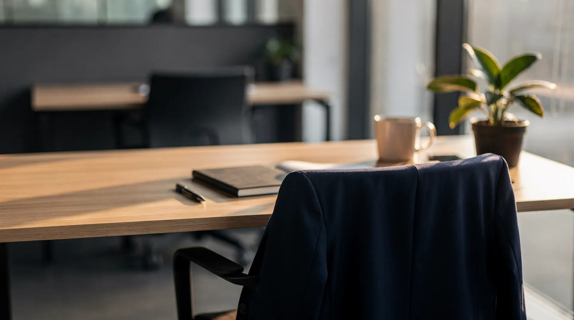 A jacket hangs on a chair at an office desk, with another workstation across a quiet aisle.