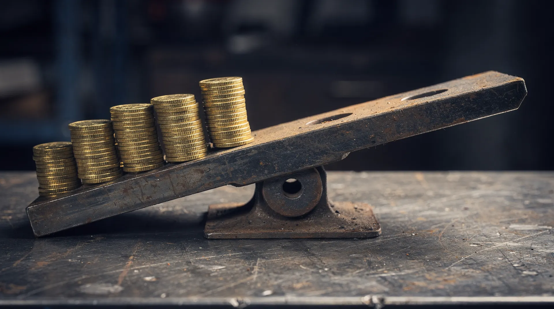 Stacks of coins weigh down one pan of a brass balance scale against a dark background.