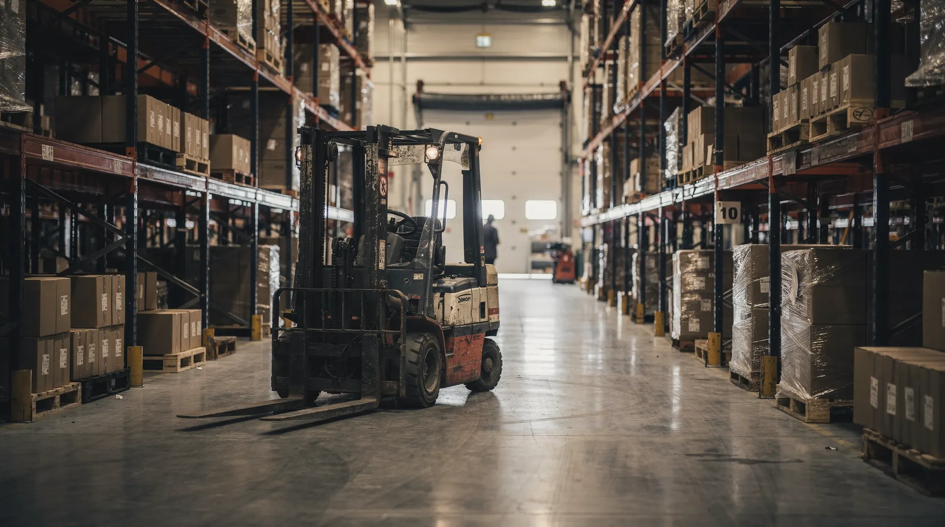 Partly filled pallet racks and unmarked cartons line a wholesale warehouse aisle near a parked forklift.