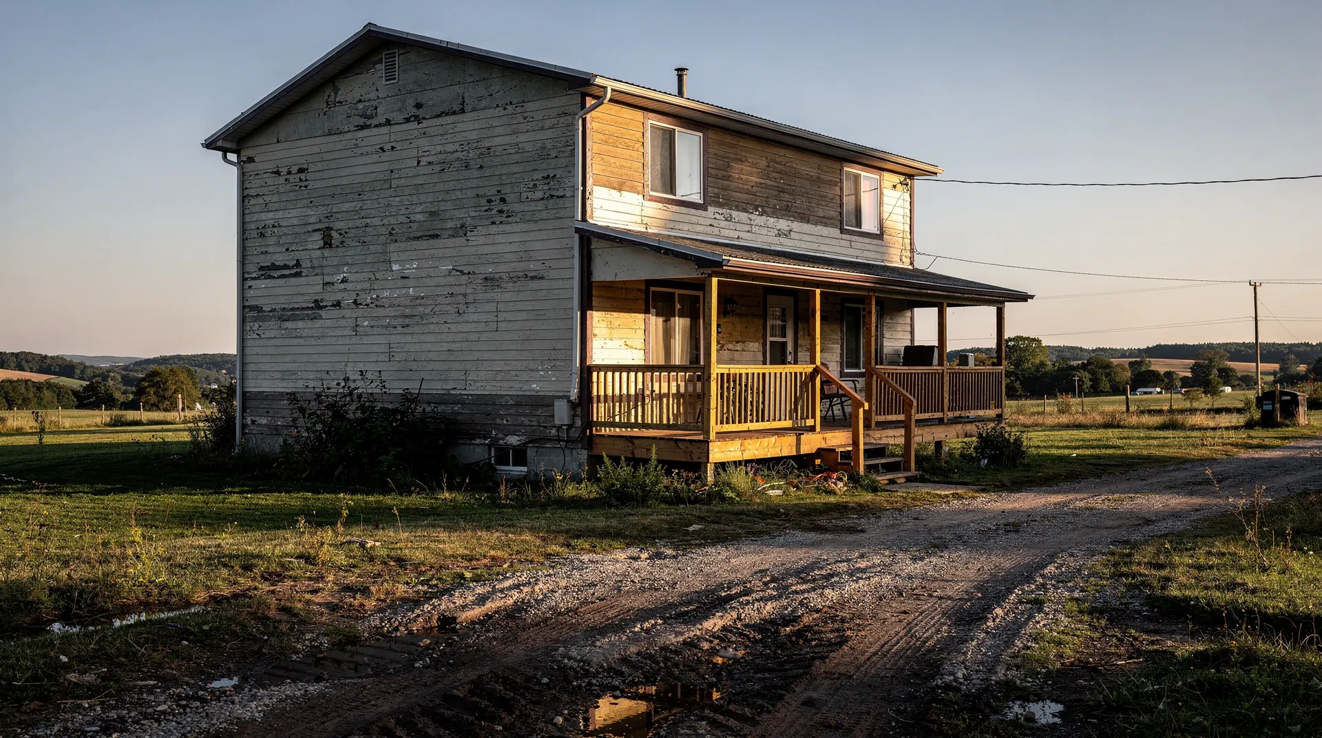 Older rural apartment building with a repaired porch beside a gravel drive and open countryside.