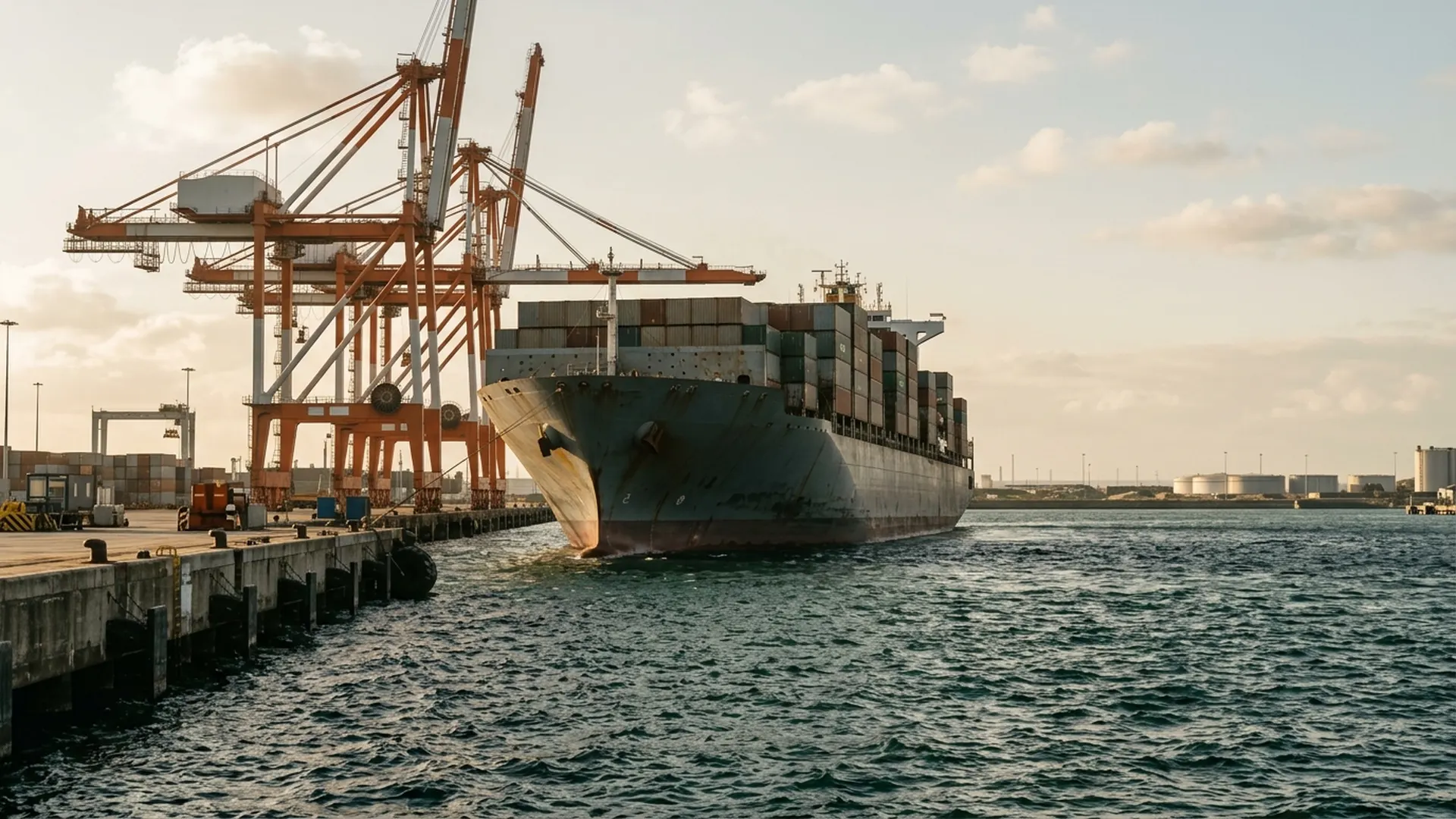 An unmarked container ship approaches a berth beneath port cranes in late-afternoon light.