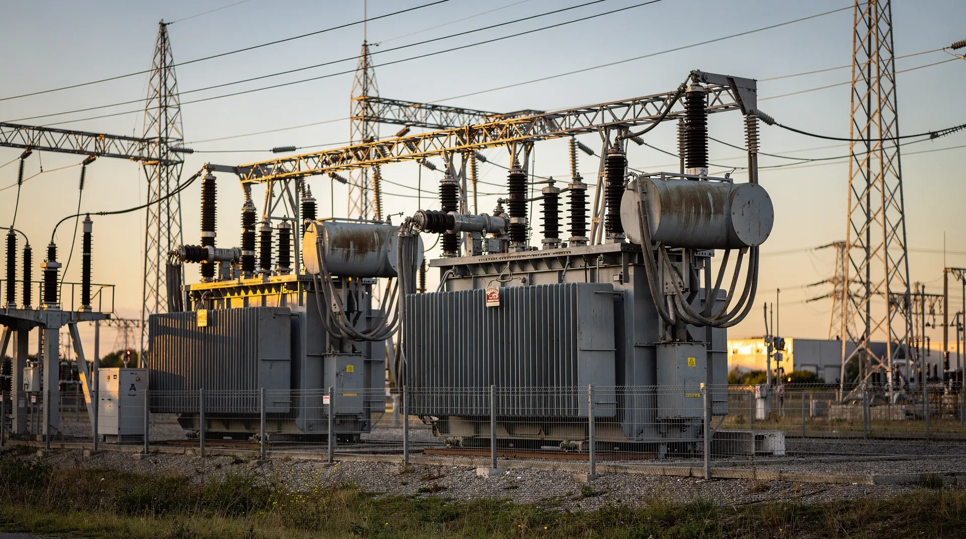 Substation transformers and transmission lines in warm late-day light.