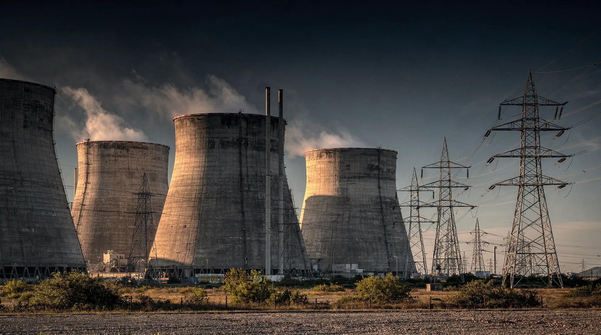 Nuclear power plant cooling towers stand beside transmission lines in late-day light.