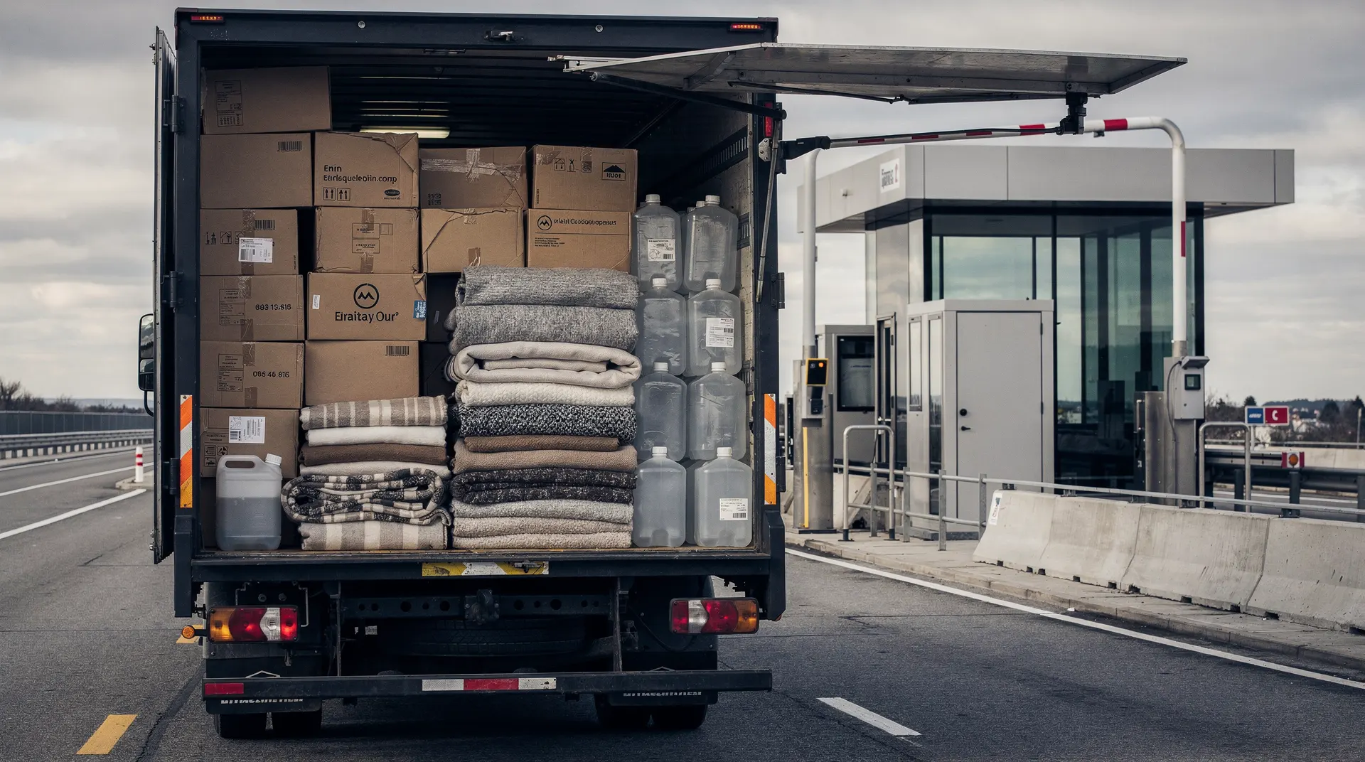 Unmarked relief supplies fill a delivery truck beside an empty toll gate.