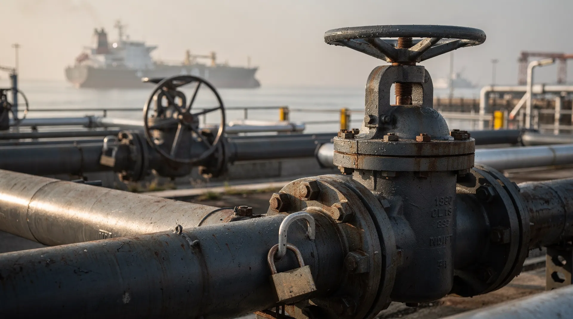 Open oil-terminal valve beside a locked branch valve, with an unmarked tanker in the distance