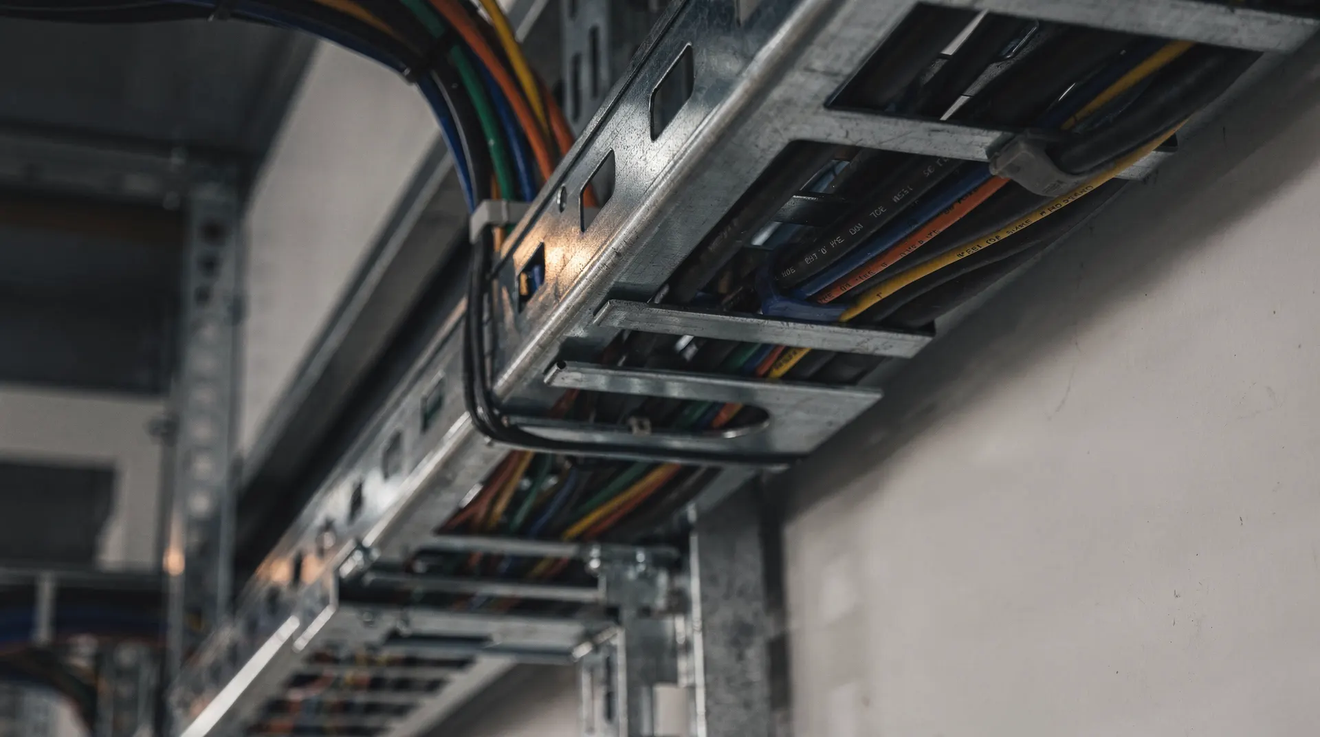 Fiber-optic cable bundles run through trays beside a softly lit data-center aisle.