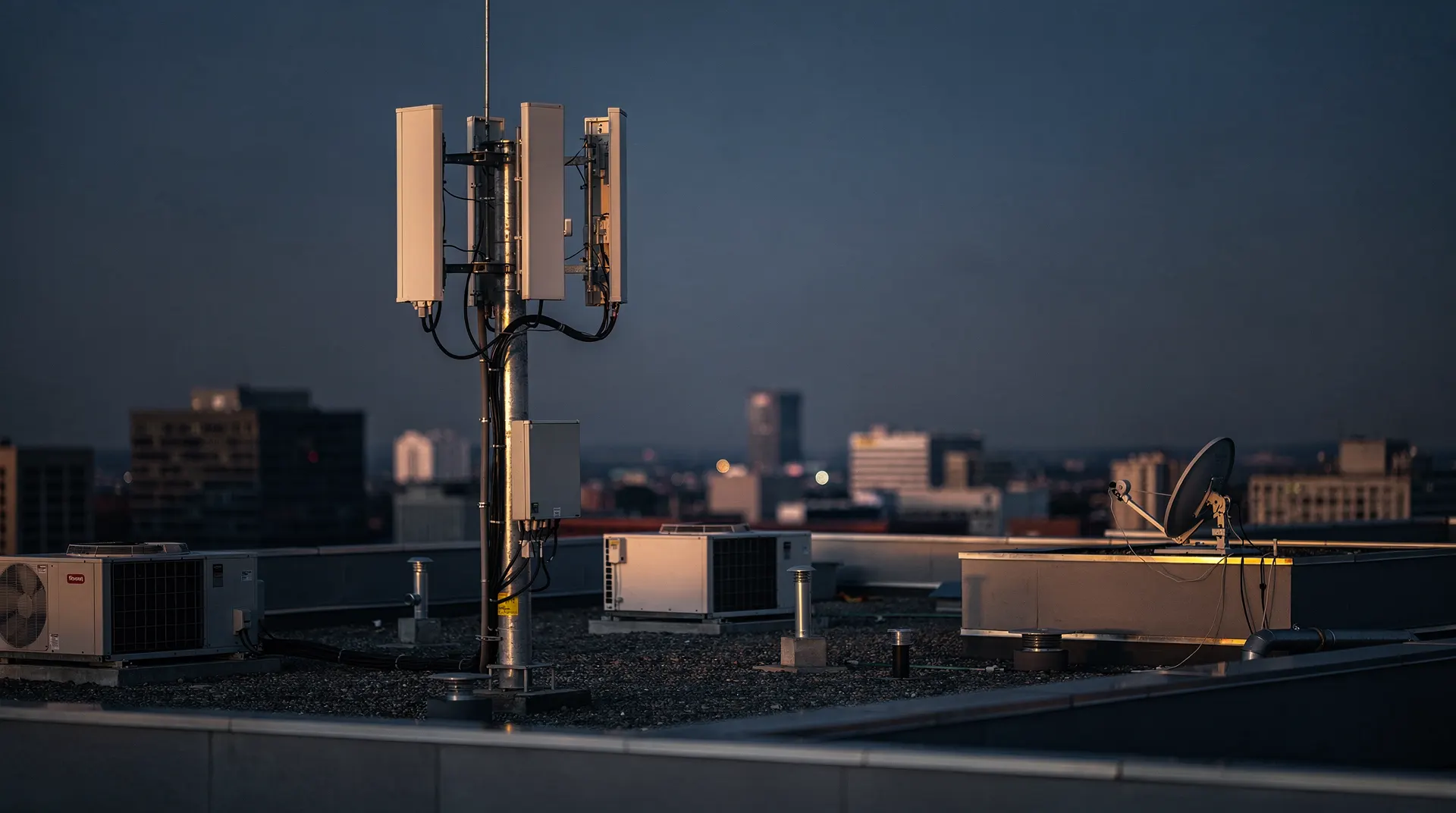 A cellular tower rises above rooftops, with a small satellite dish nearby at dusk.