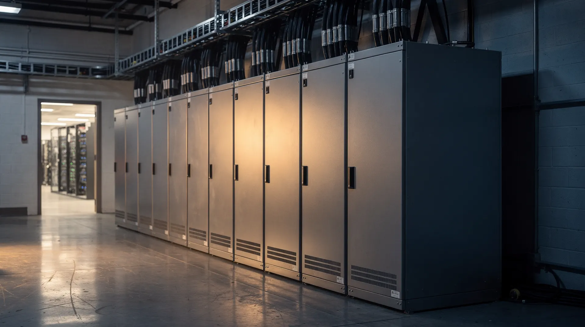 Microgrid switchgear cabinets and power conduits in a data center electrical room, with server racks beyond.