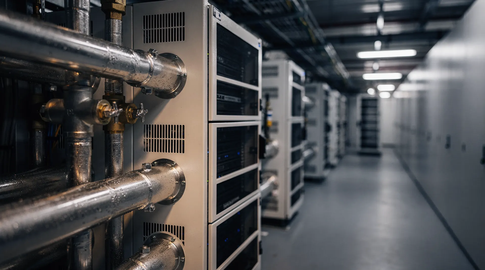 Cooling units and chilled-water pipes stand beside a receding aisle of server racks.
