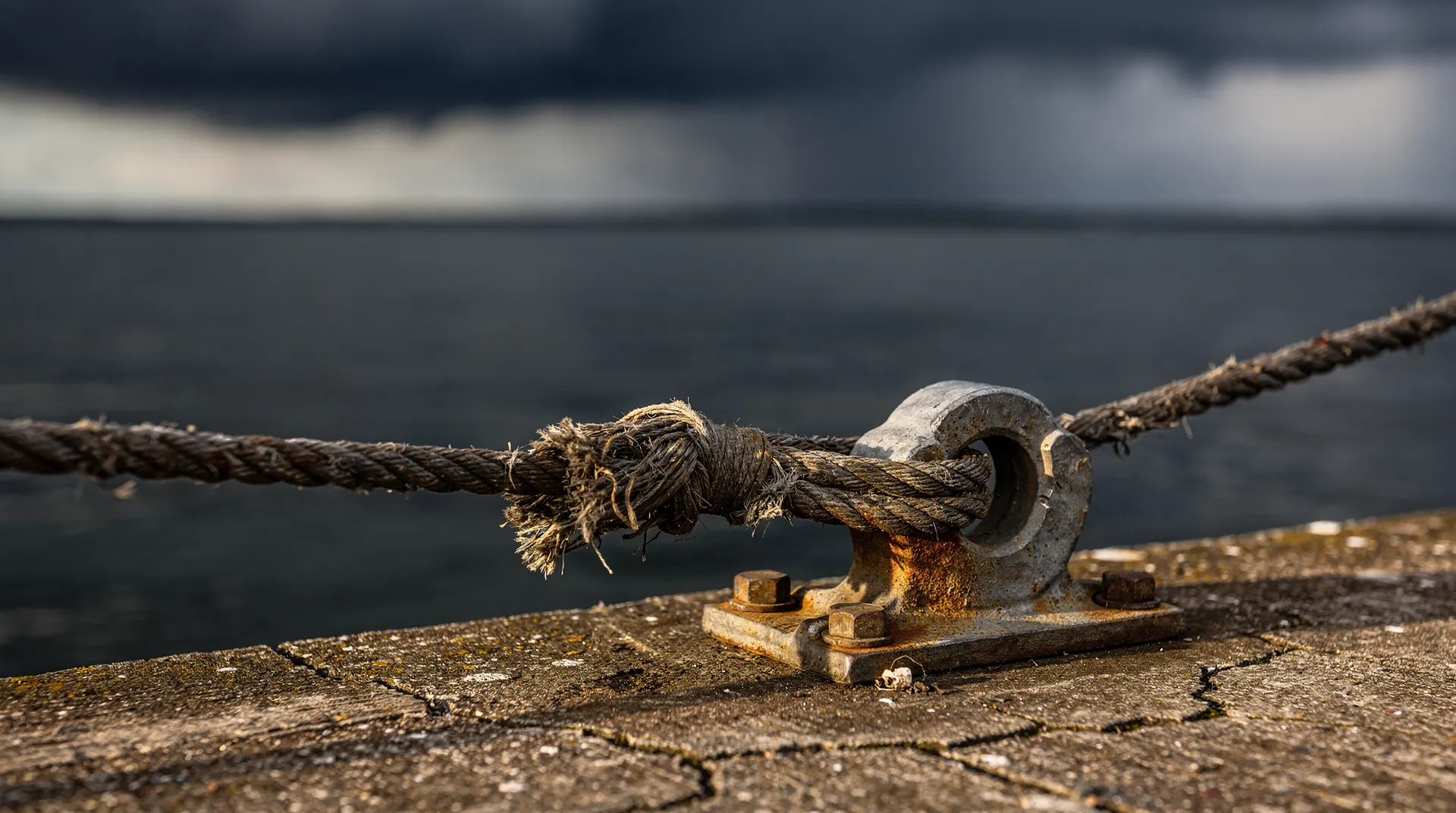A taut mooring cable crosses a harbor cleat, with still water and darkening clouds beyond.