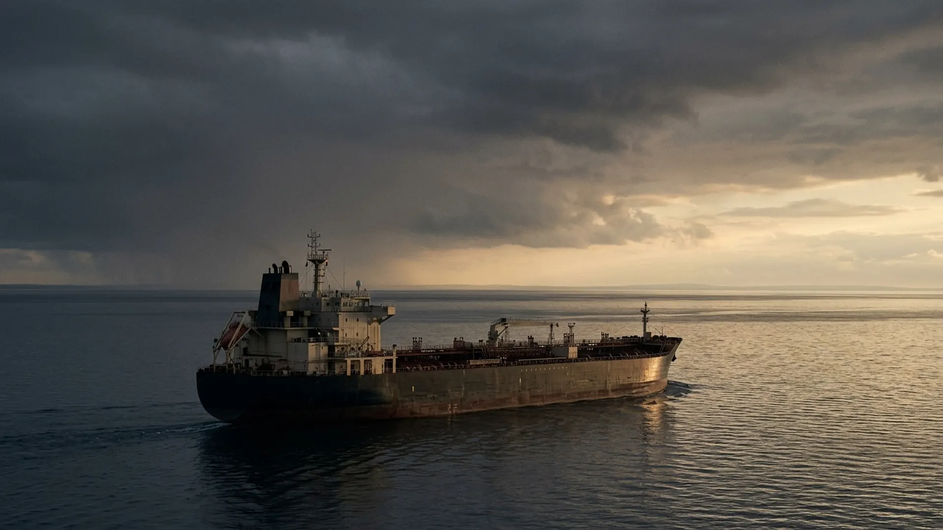 An unmarked oil tanker crosses calm water beneath retreating storm clouds and a strip of warm light.