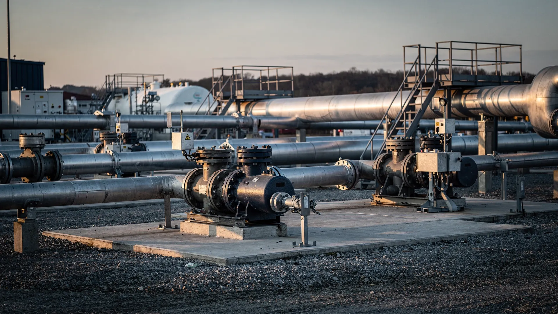 Fuel storage tanks and connecting pipelines at an unmarked oil depot in dawn light.