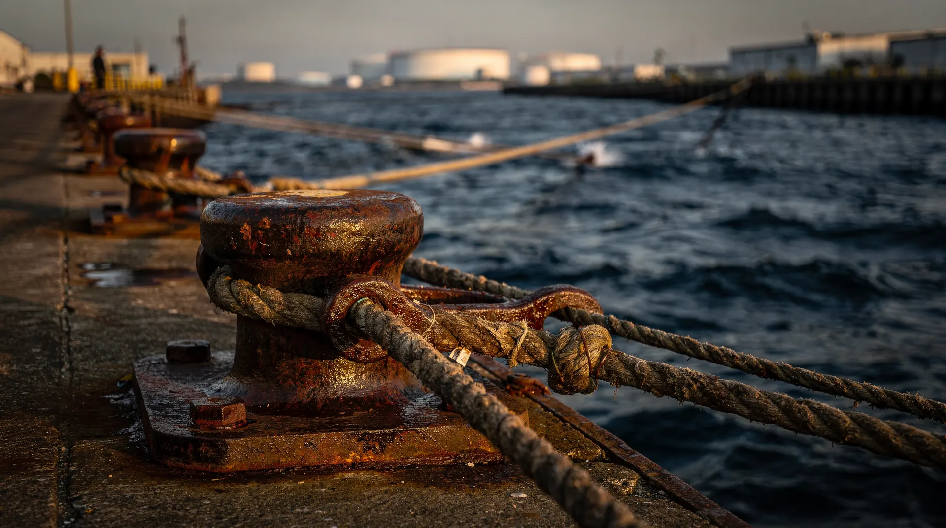 A crude oil tanker moves through a narrow shipping channel beneath a hazy sky.