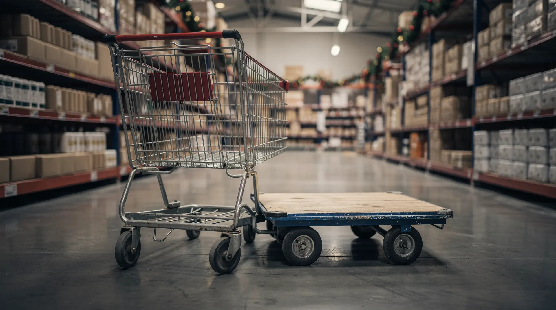 A grocery cart and warehouse-club flatbed cart stand side by side in a softly lit retail aisle.