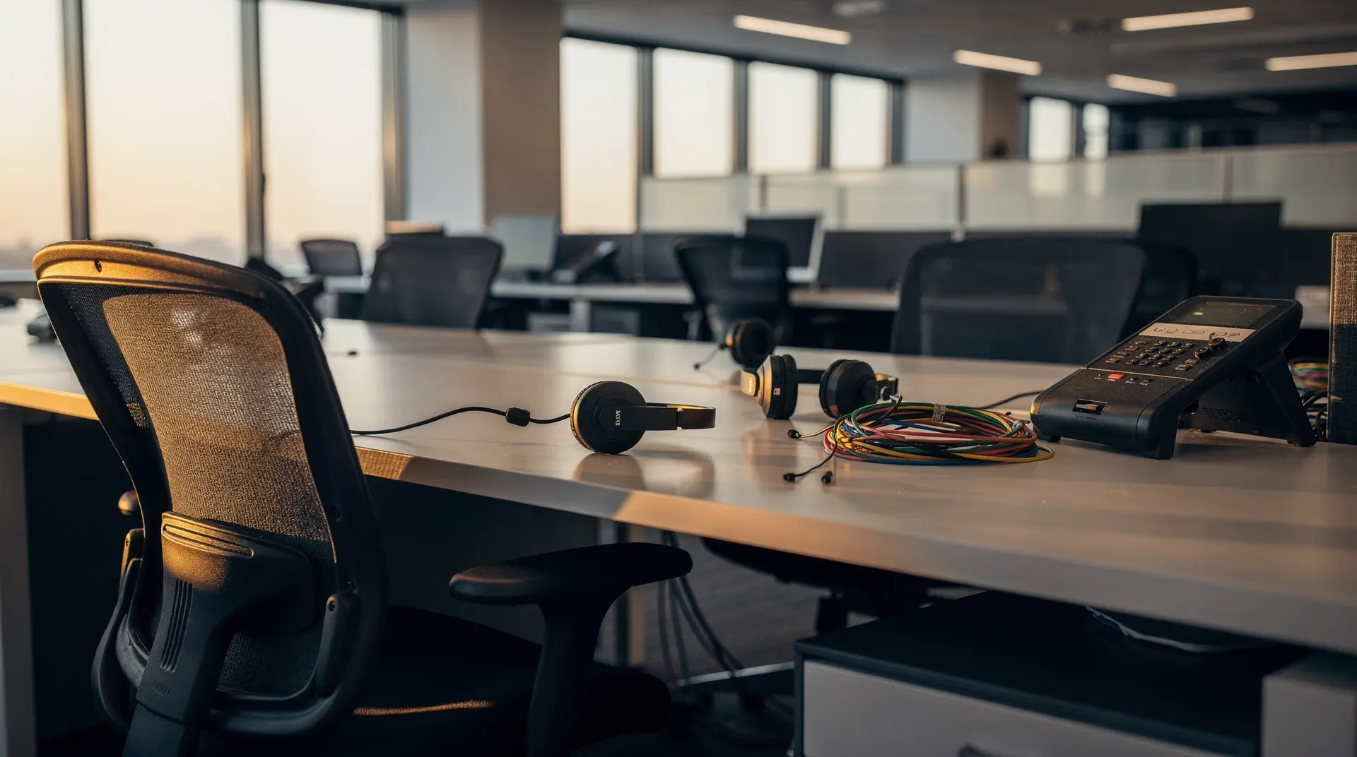 Vacant desks and chairs sit in a quiet corporate office lit by soft morning light.