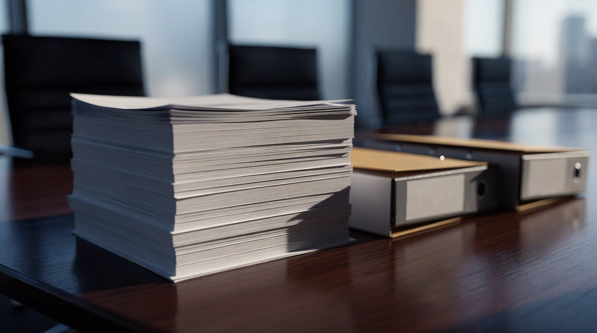 A thick stack of report pages and plain folders rests on an empty boardroom table.