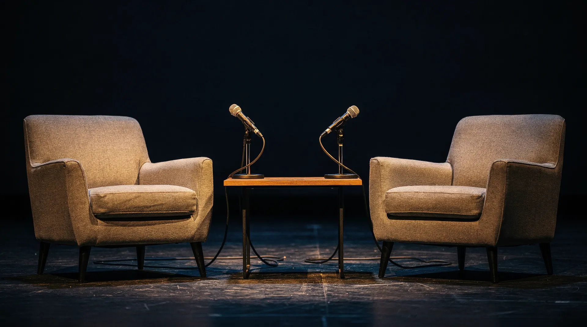 Two empty armchairs and microphones sit on a softly lit discussion stage.
