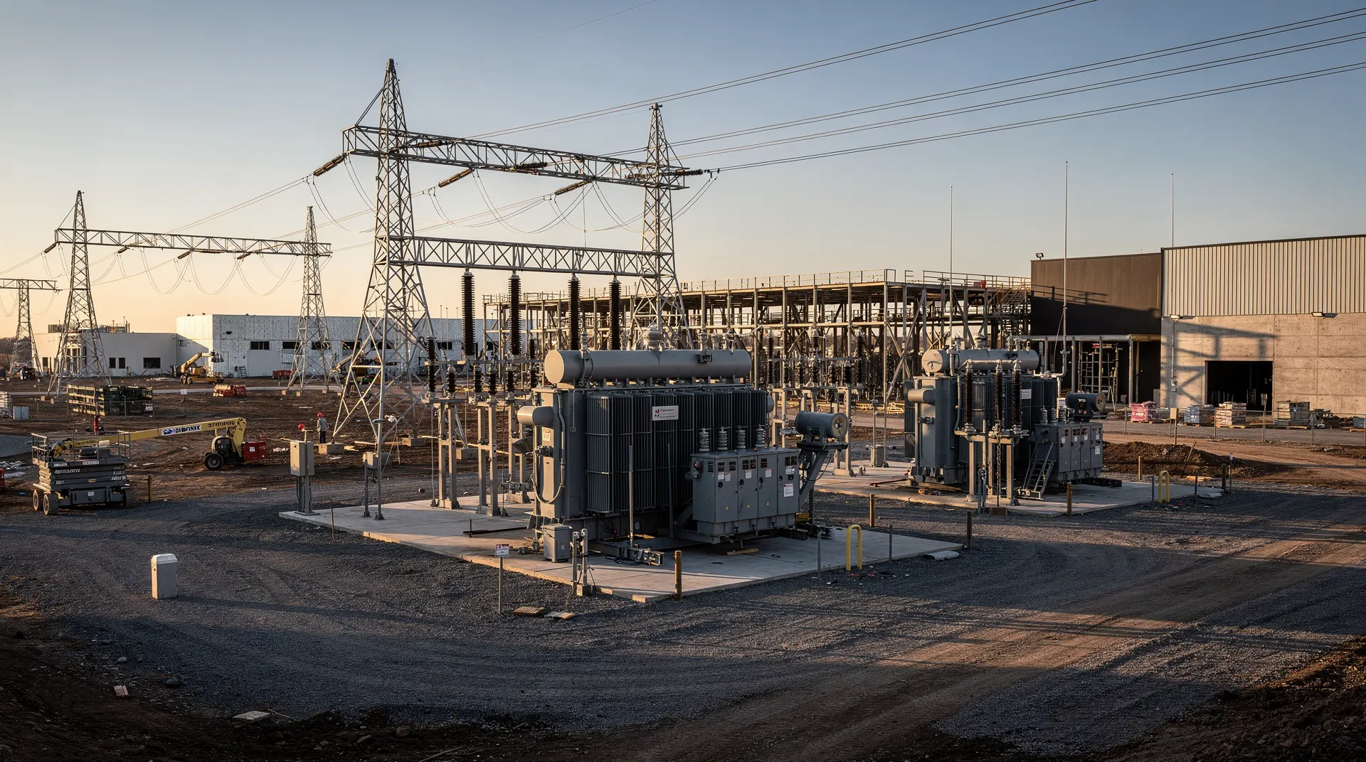 Substation transformers and power lines stand beside low data center buildings under construction.