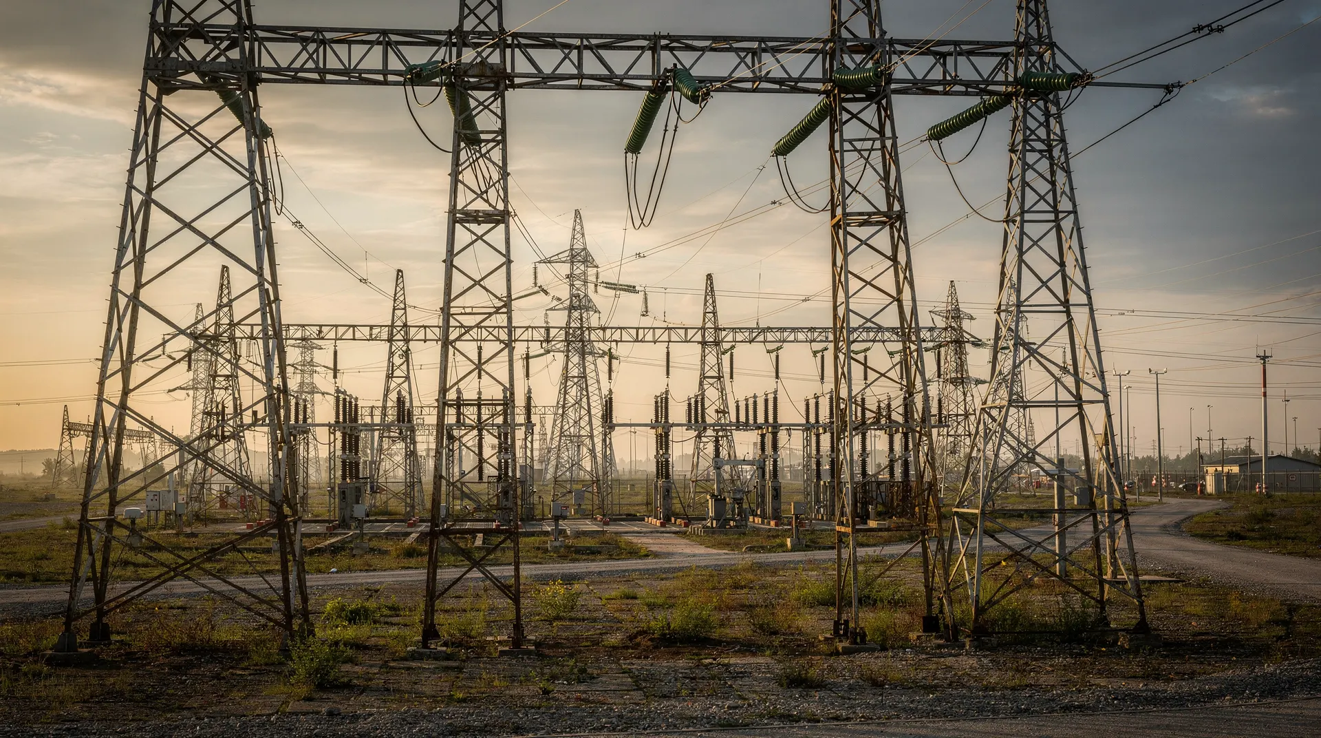 Electrical transmission towers across open industrial landscape