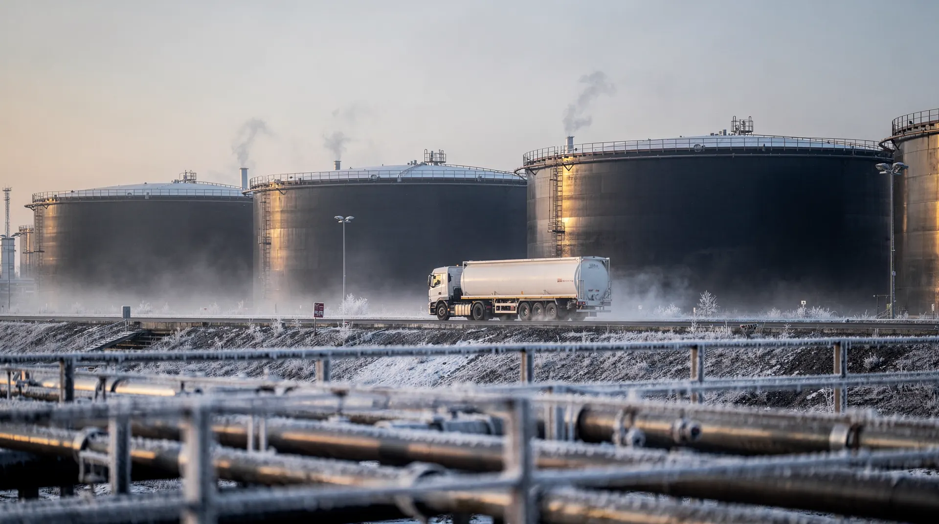 Oil storage tanks and an unmarked fuel tanker truck at a refinery on a cold winter morning.