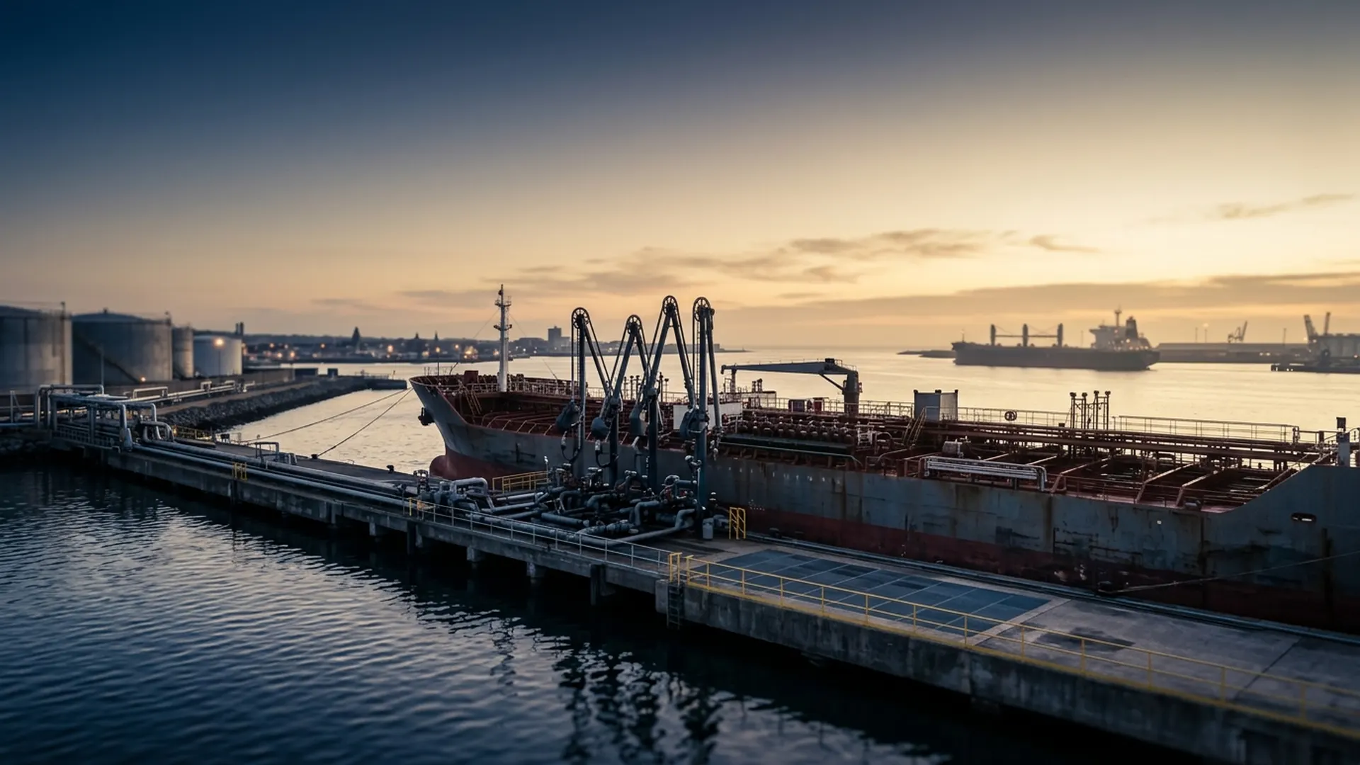 An unmarked diesel tanker sits beside a fuel terminal at dawn, with another cargo vessel in the distance.