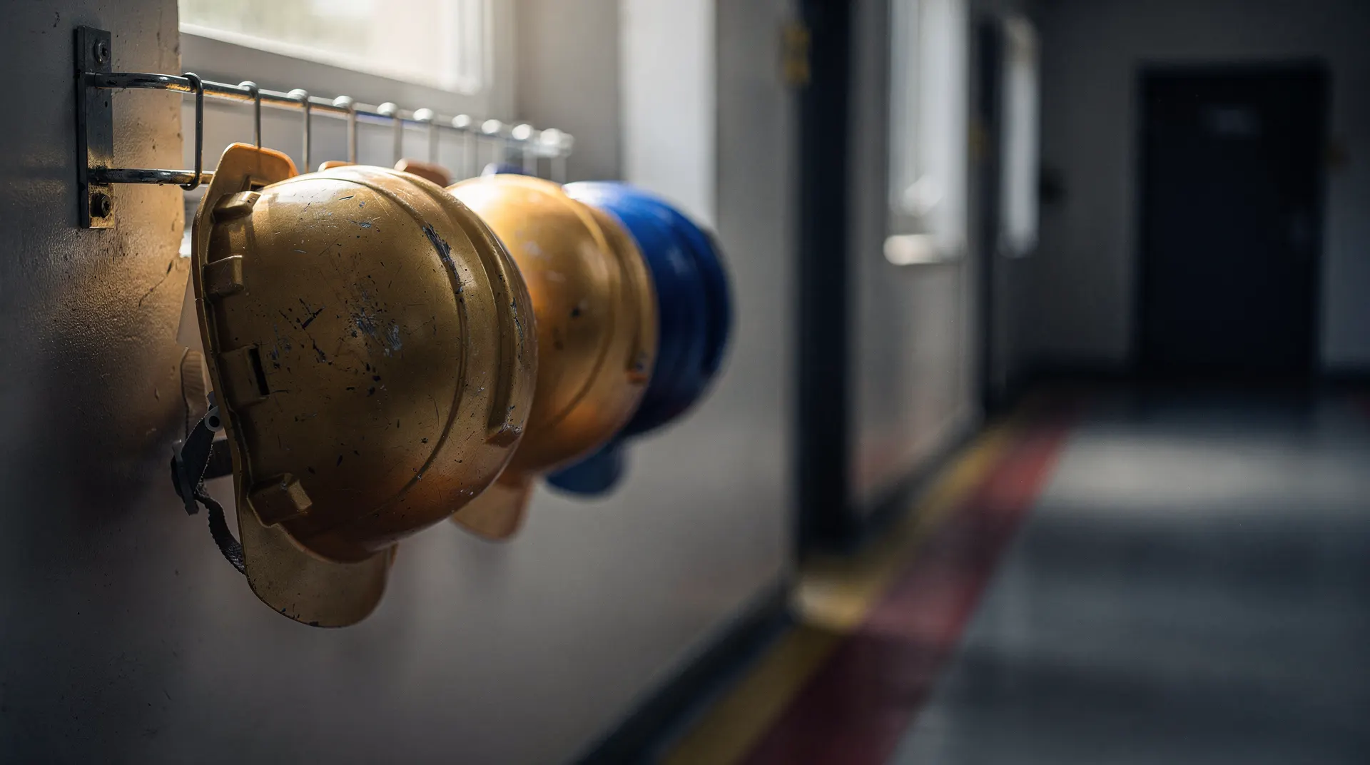 Plain hard hats hang neatly on a rack beside a softly lit workplace corridor.