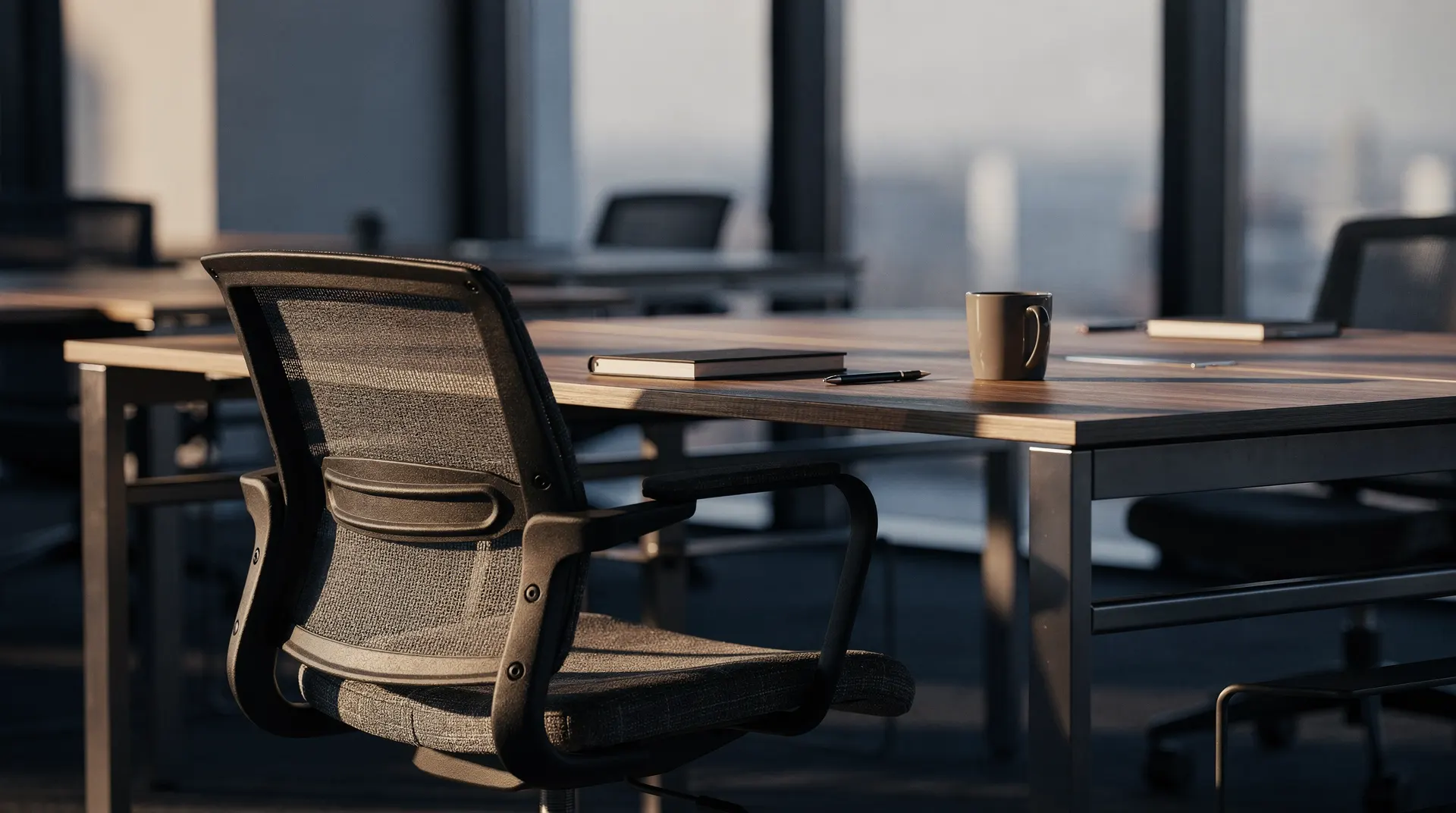 An empty office with one chair pulled out from a desk in soft dawn light.