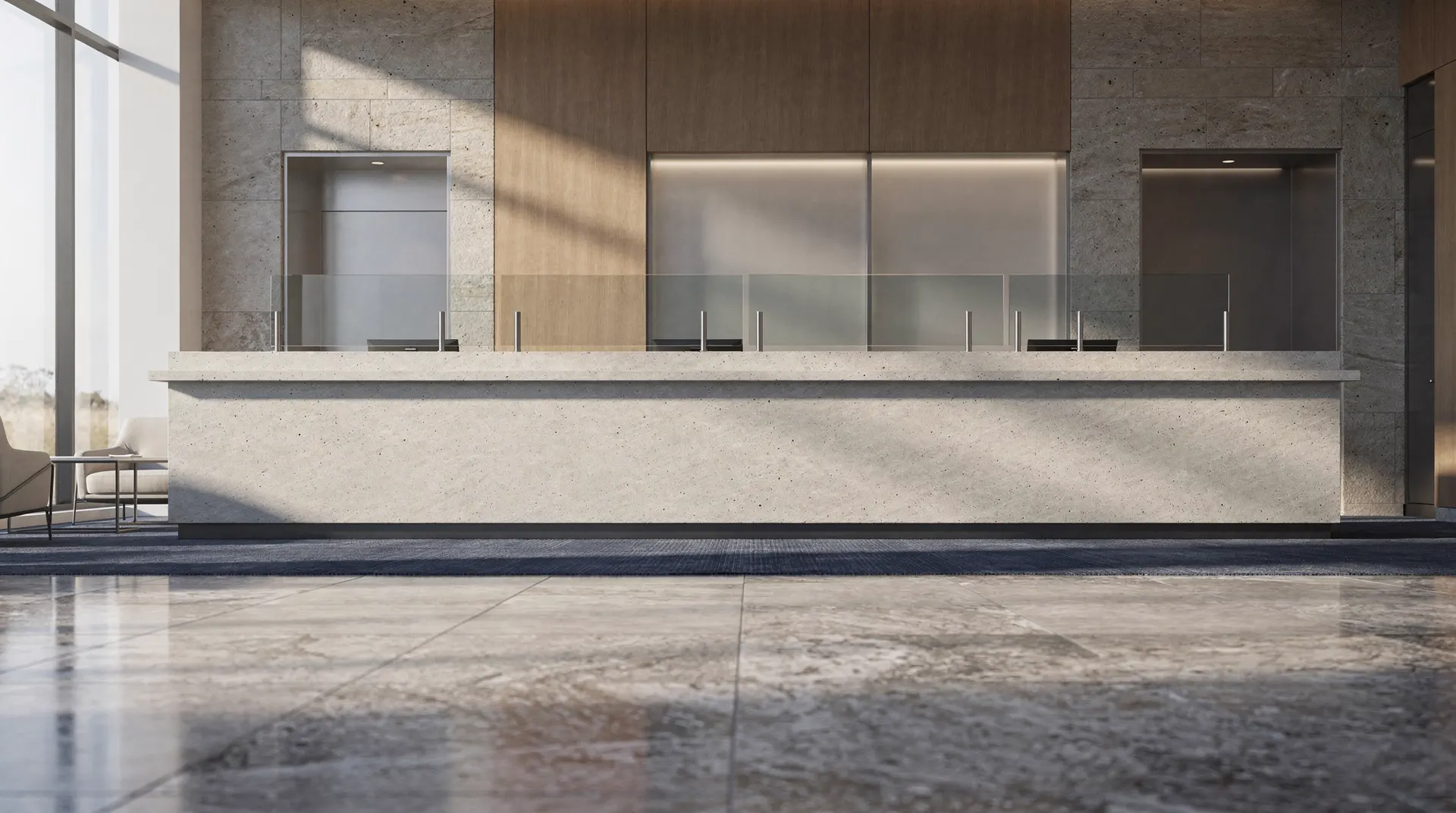An empty bank teller counter sits in warm light, with an unmarked lobby receding into shadow.