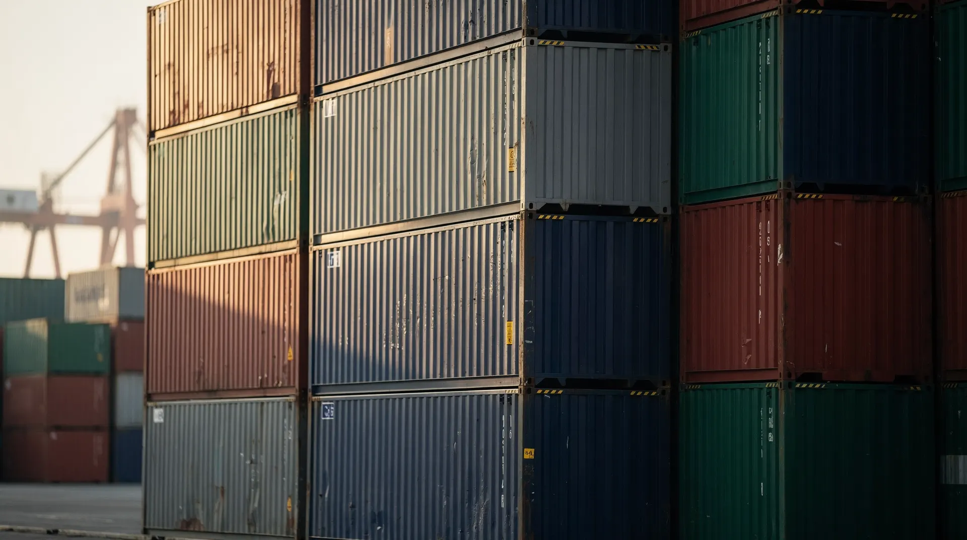 Stacked plain metal shipping containers at a dockyard