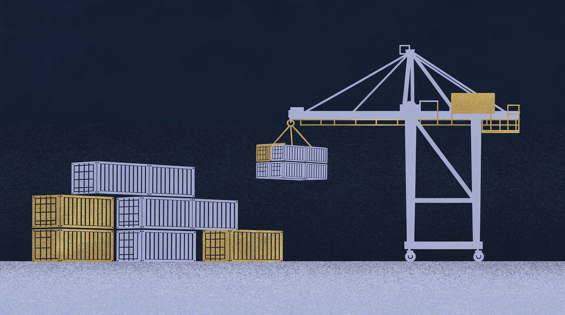 Warehouse racks hold uneven stocks of plain cartons and wooden crates along a wide aisle.