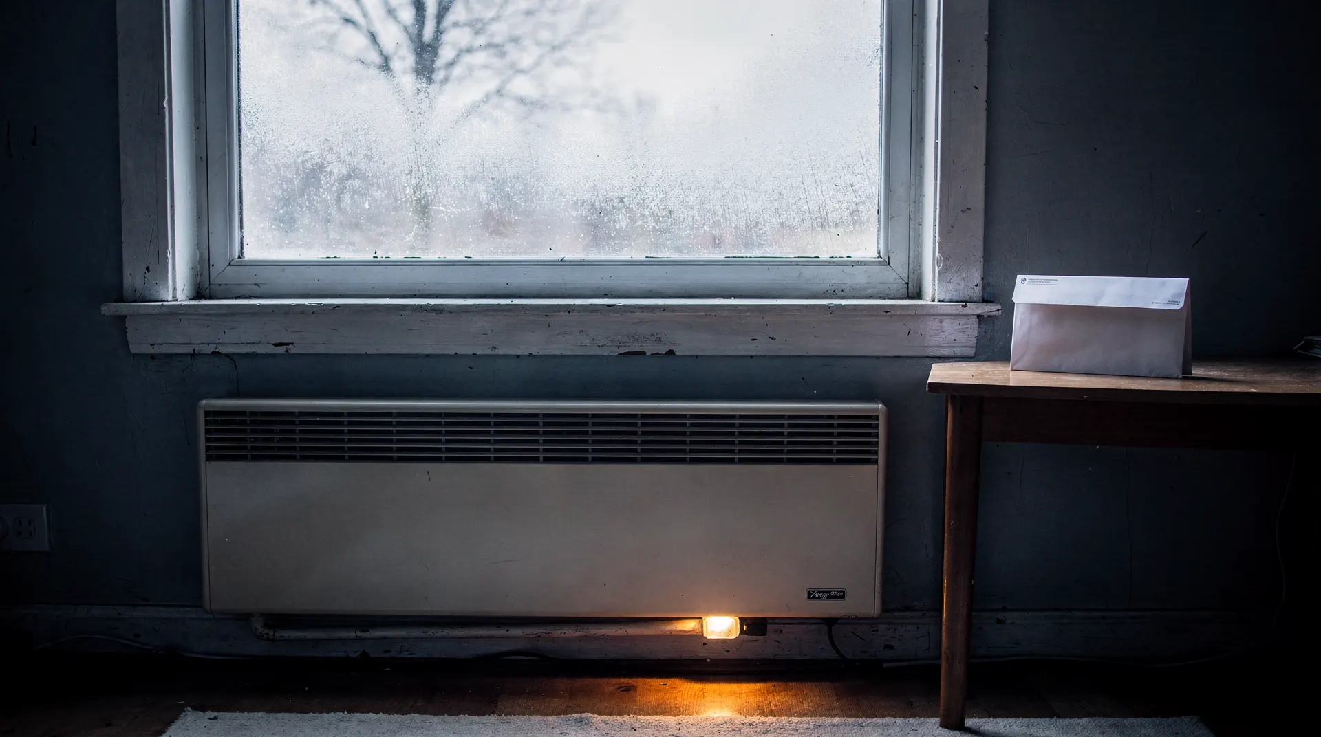 Electric baseboard heater beneath a frosted window, with an unopened envelope on a nearby table.
