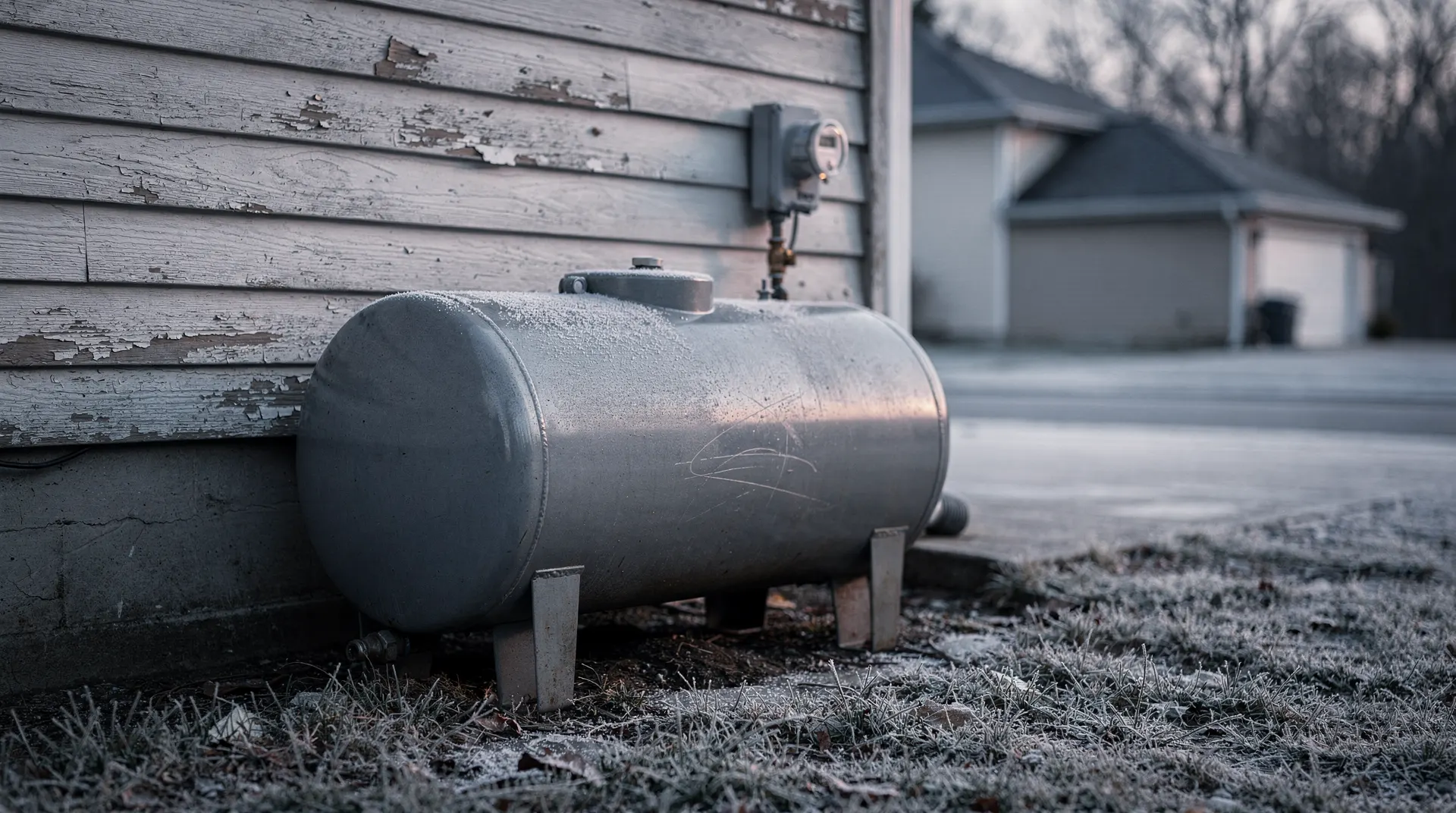 An outdoor heating oil tank stands beside one house, with a gas service connection on a neighboring house.
