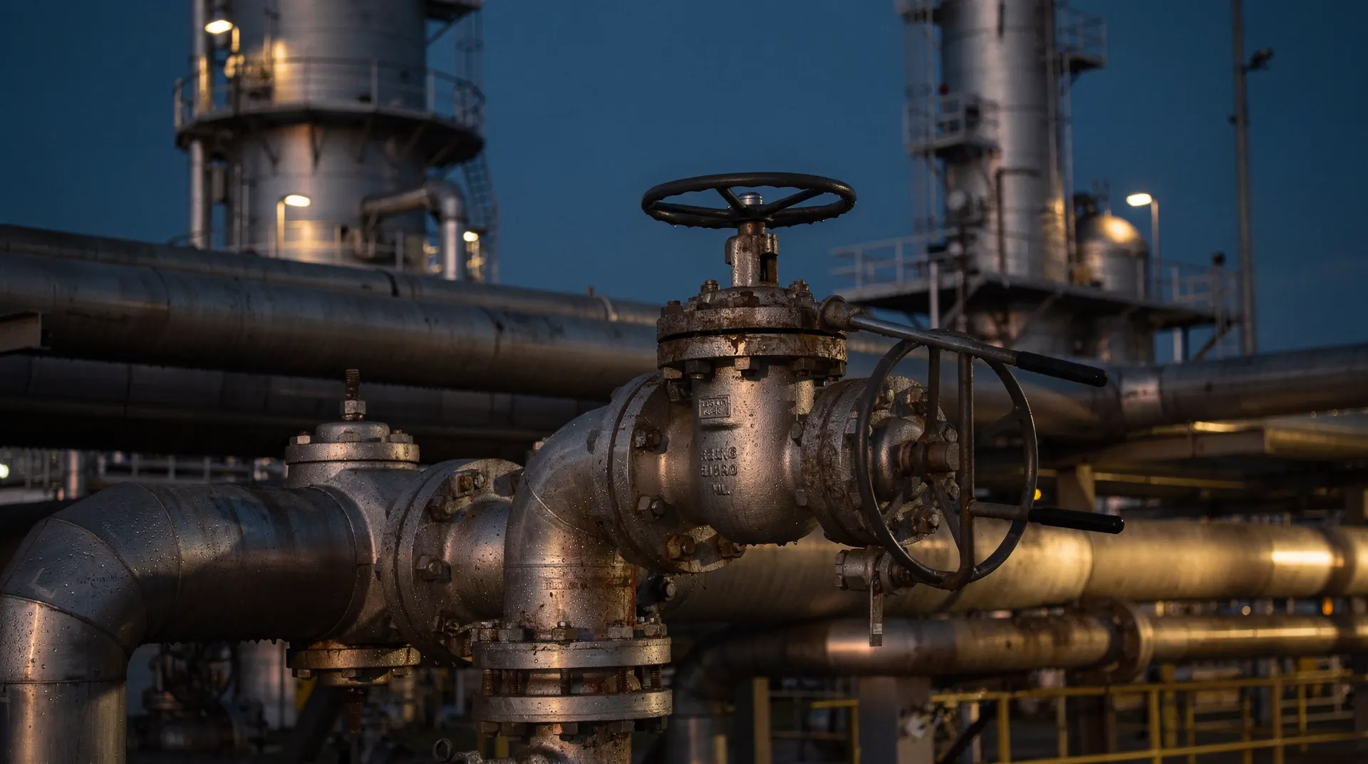 A closed valve and steel pipes sit before refinery towers at dusk.