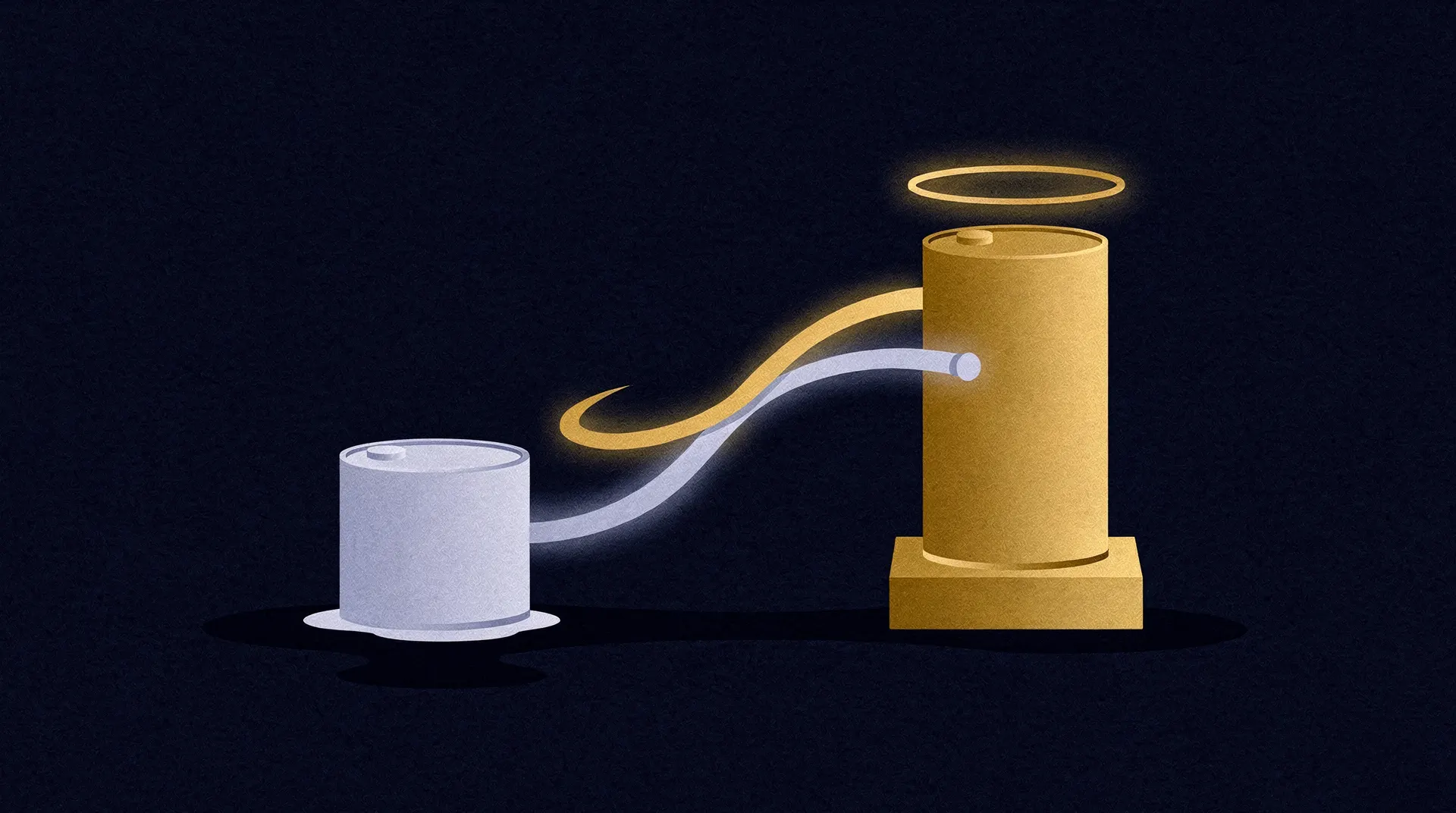 Illustration of a short, silver-grey cylinder connected to a taller, golden cylinder with a halo by glowing silver and gold tubes on a dark background.